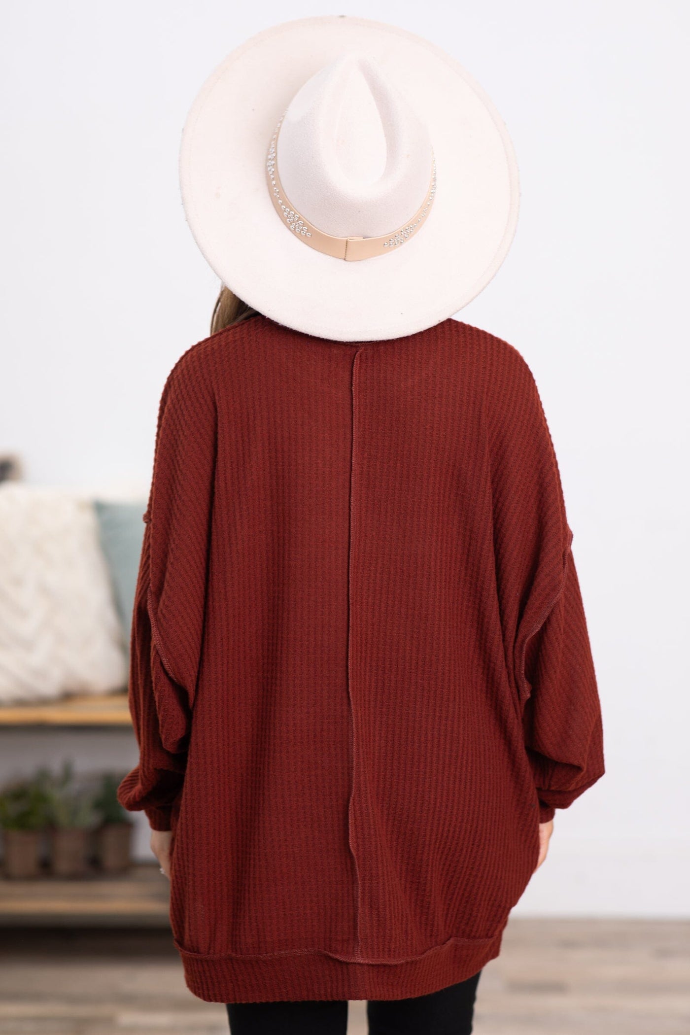 Rust Waffle Knit Sweater With Seam Detail - Filly Flair