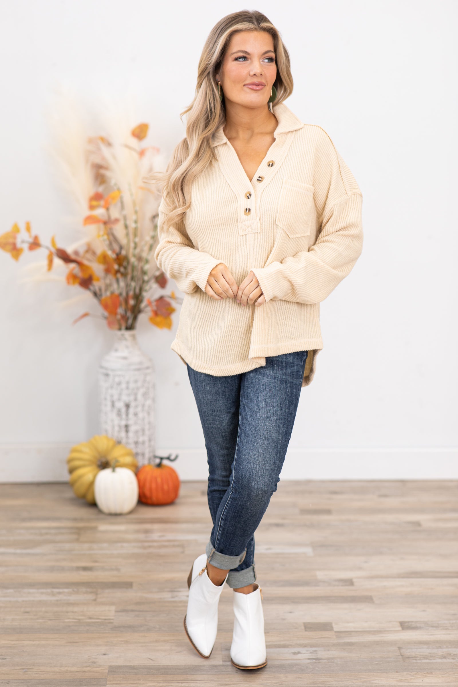 Beige Rib Knit Top With Collar