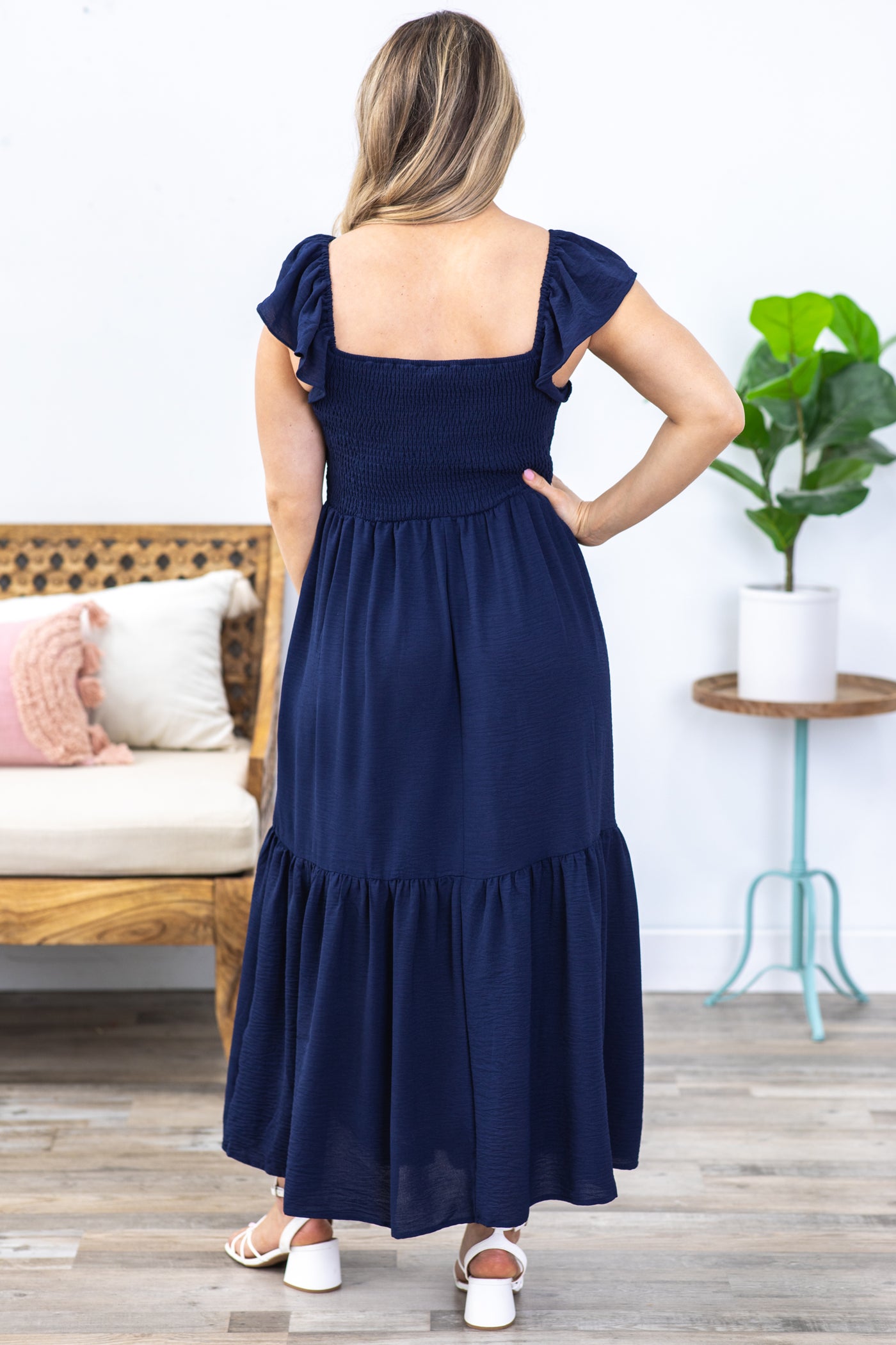 Navy Square Neck Tiered Maxi Dress
