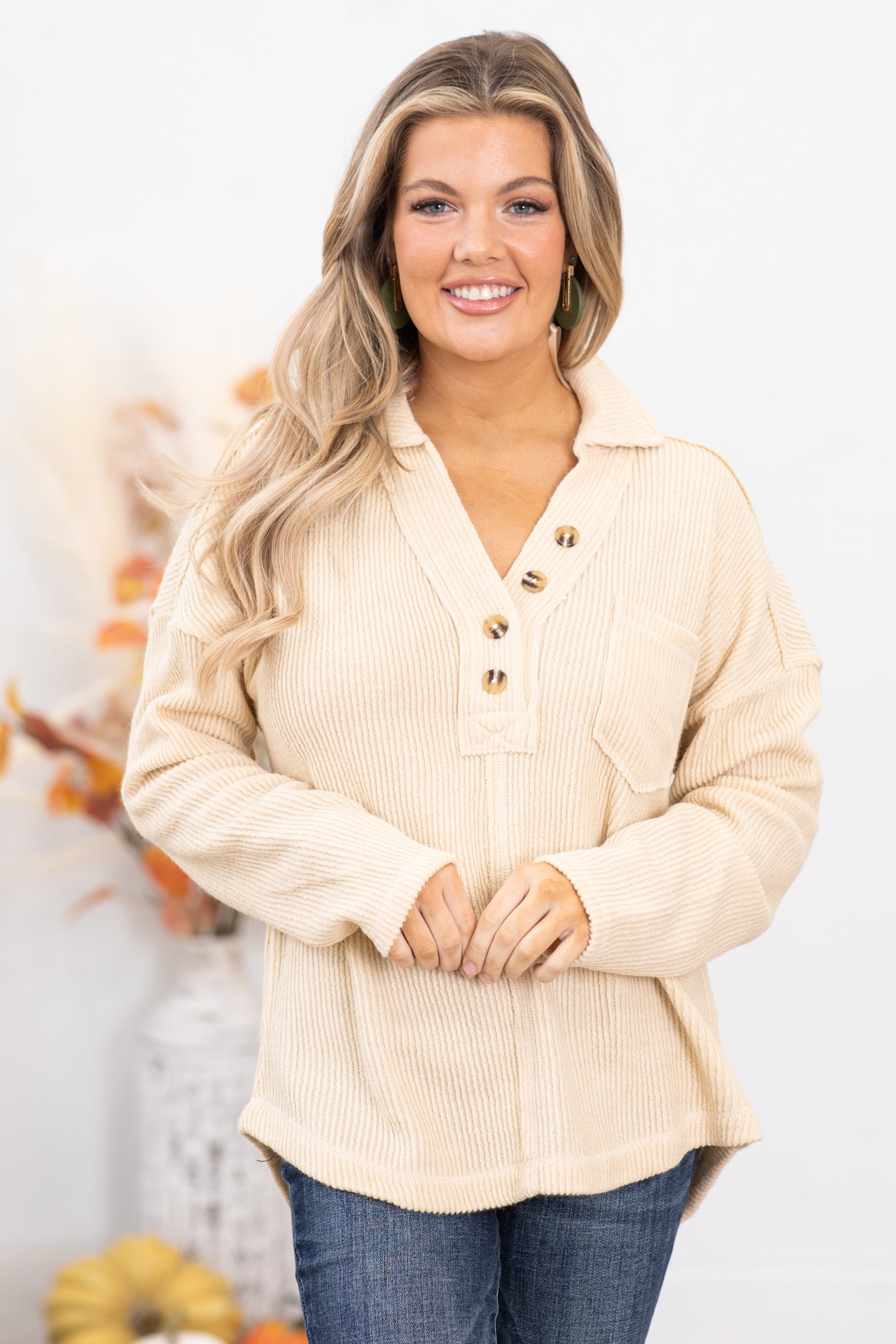 Beige Rib Knit Top With Collar