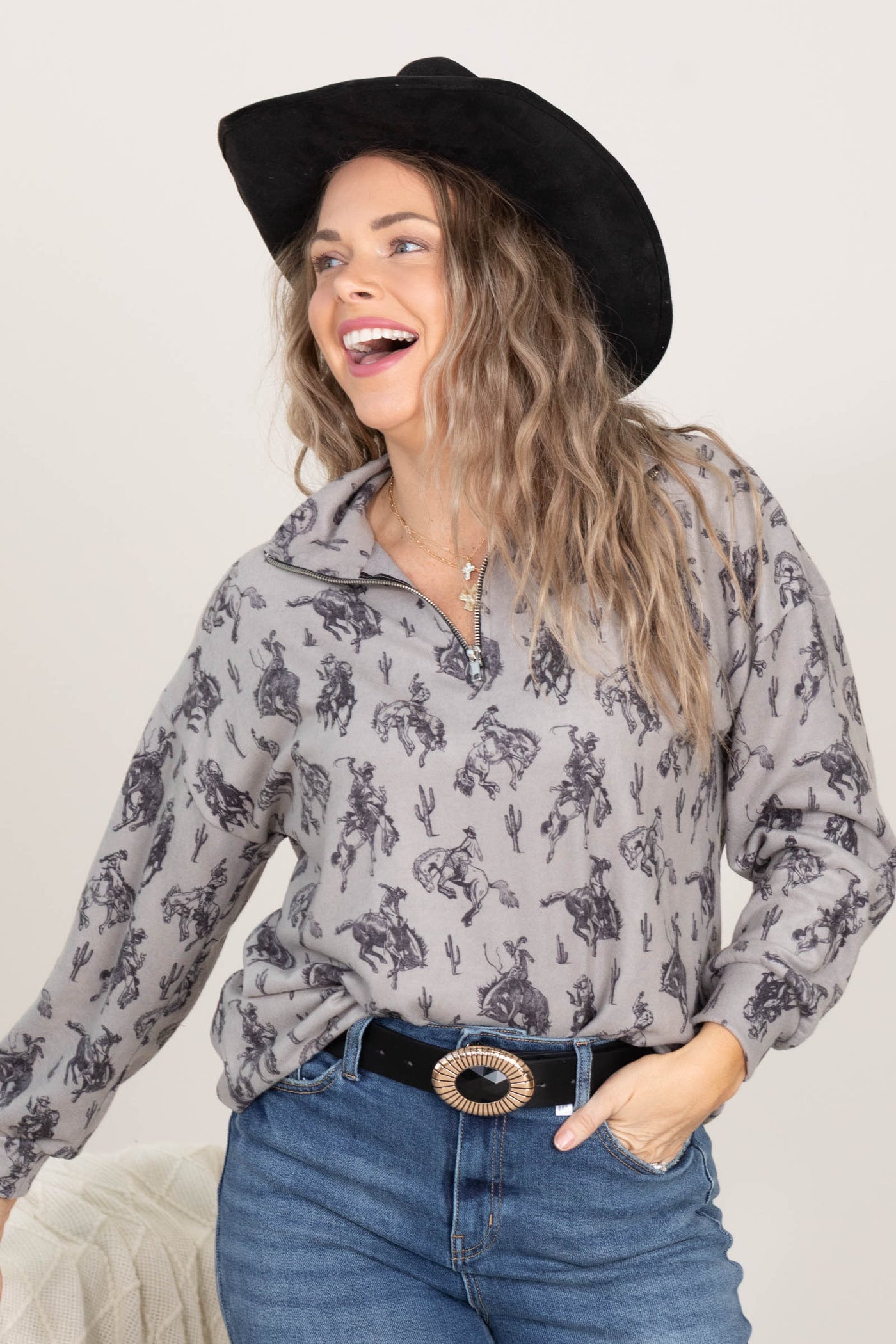 Grey Quarter Zip With Rancher Pattern Knit Top