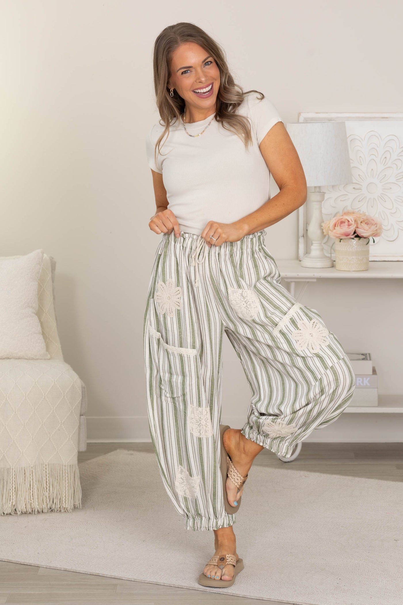 Sage Striped Lace Patchwork Balloon Pants