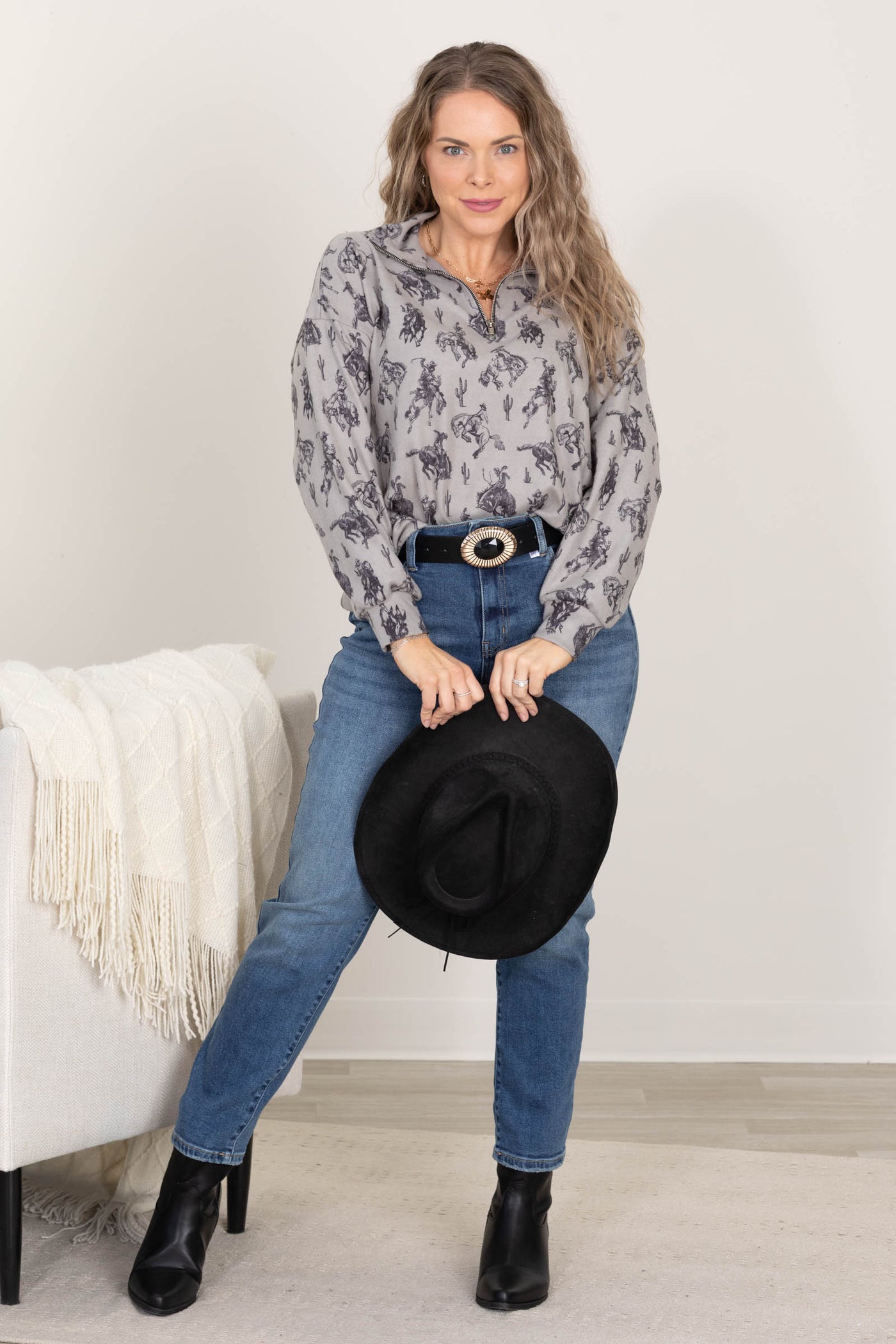 Grey Quarter Zip With Rancher Pattern Knit Top