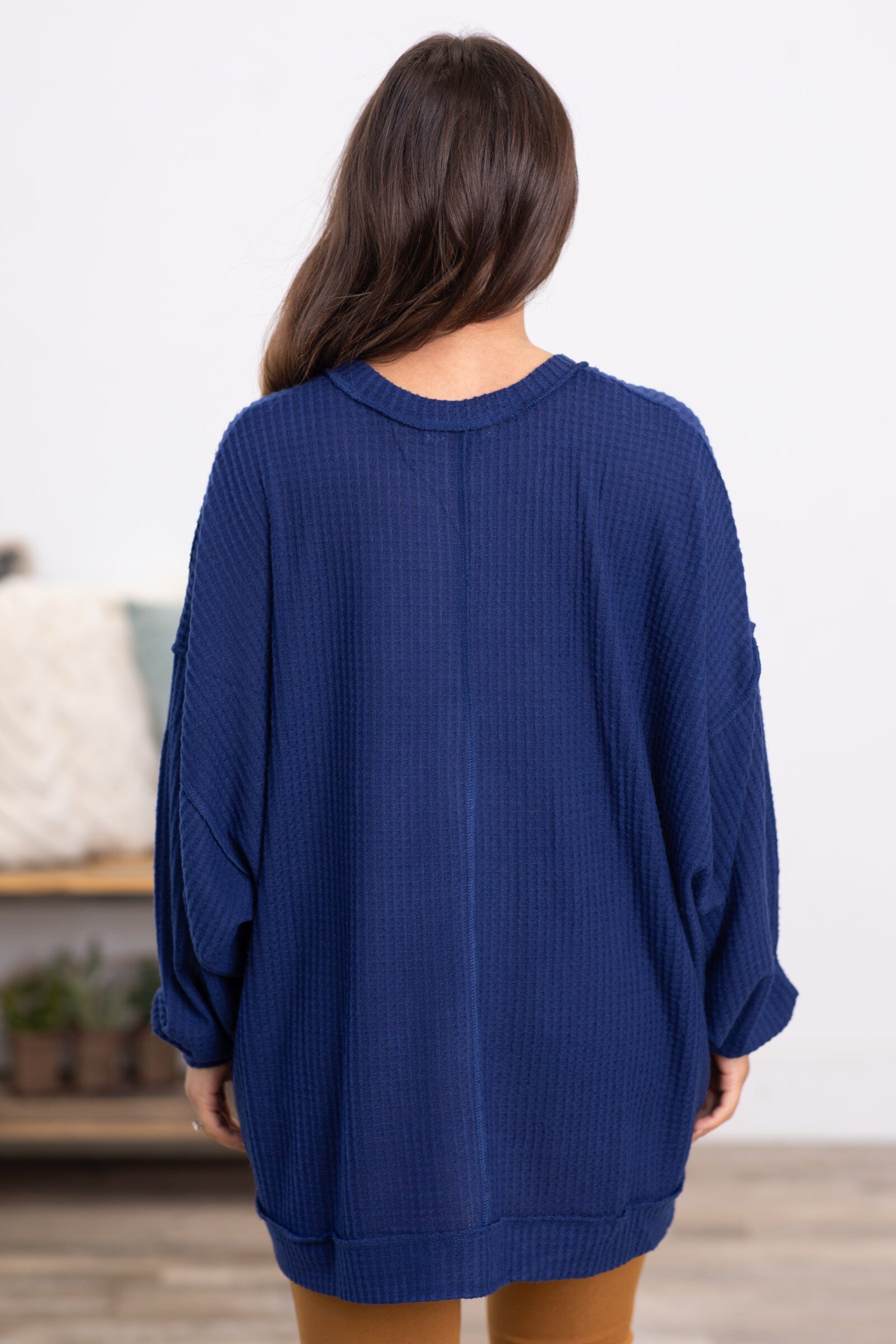 Navy Waffle Knit Sweater With Seam Detail - Filly Flair