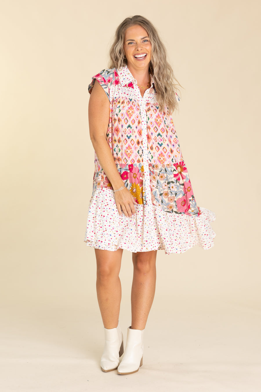 Rose Mix Printed Tiered Button Down Dress