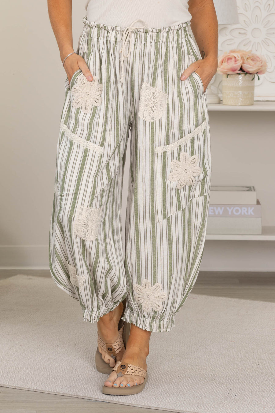 Sage Striped Lace Patchwork Balloon Pants