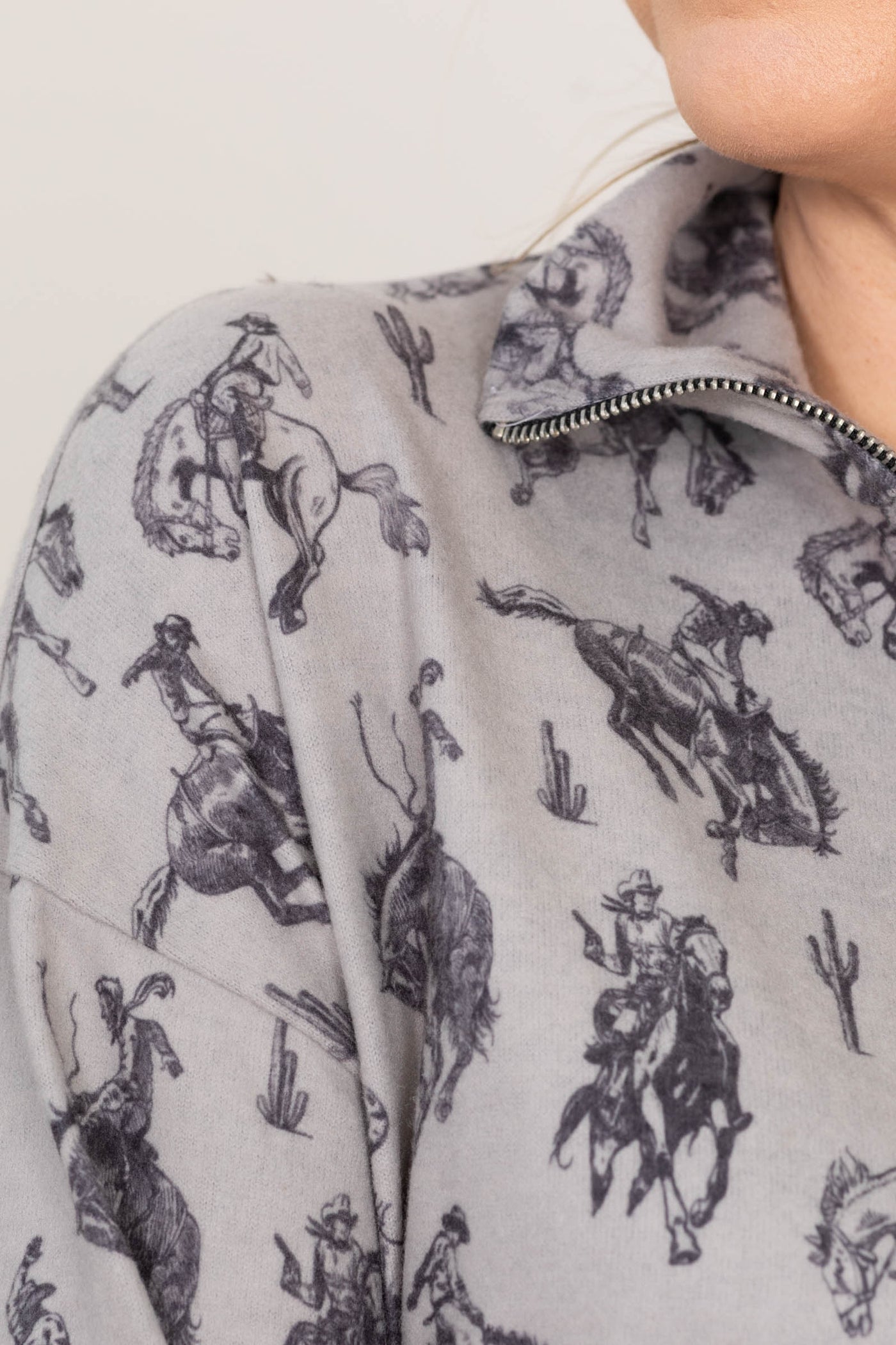 Grey Quarter Zip With Rancher Pattern Knit Top