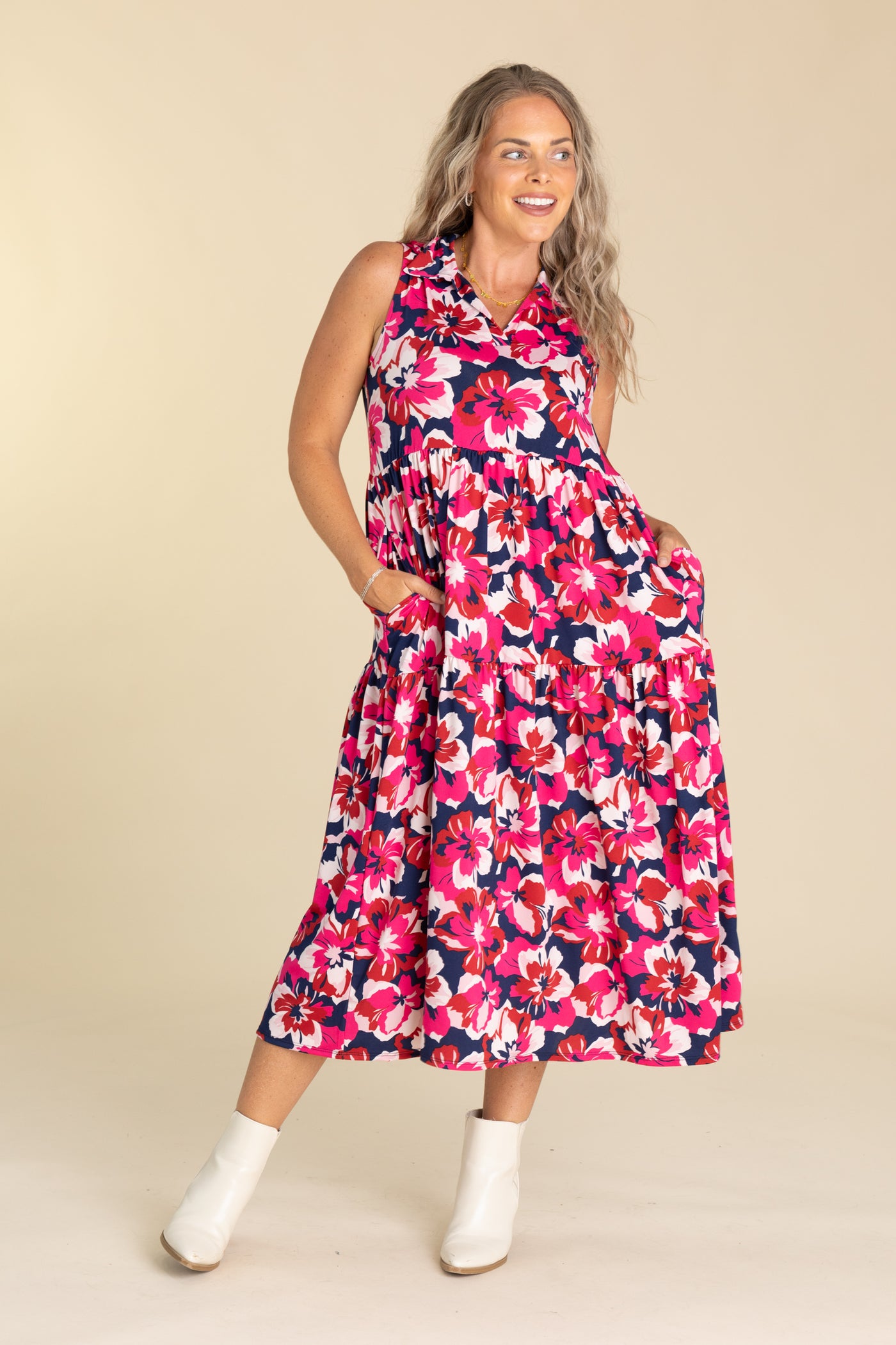 Fuchsia And Navy Floral Print Midi Dress Filly Flair Fuchsia And Navy Floral Print Midi Dress Filly Flair