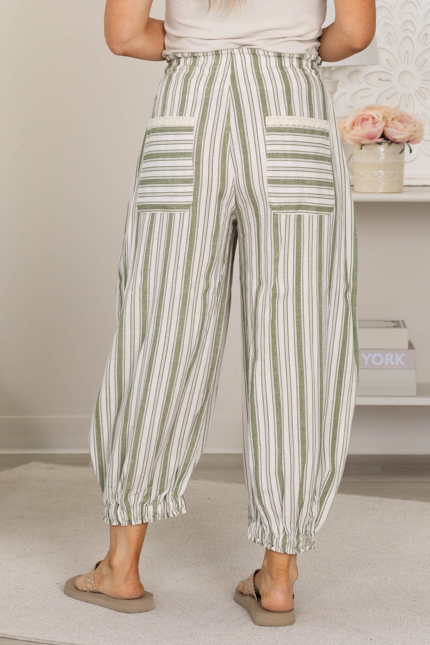 Sage Striped Lace Patchwork Balloon Pants