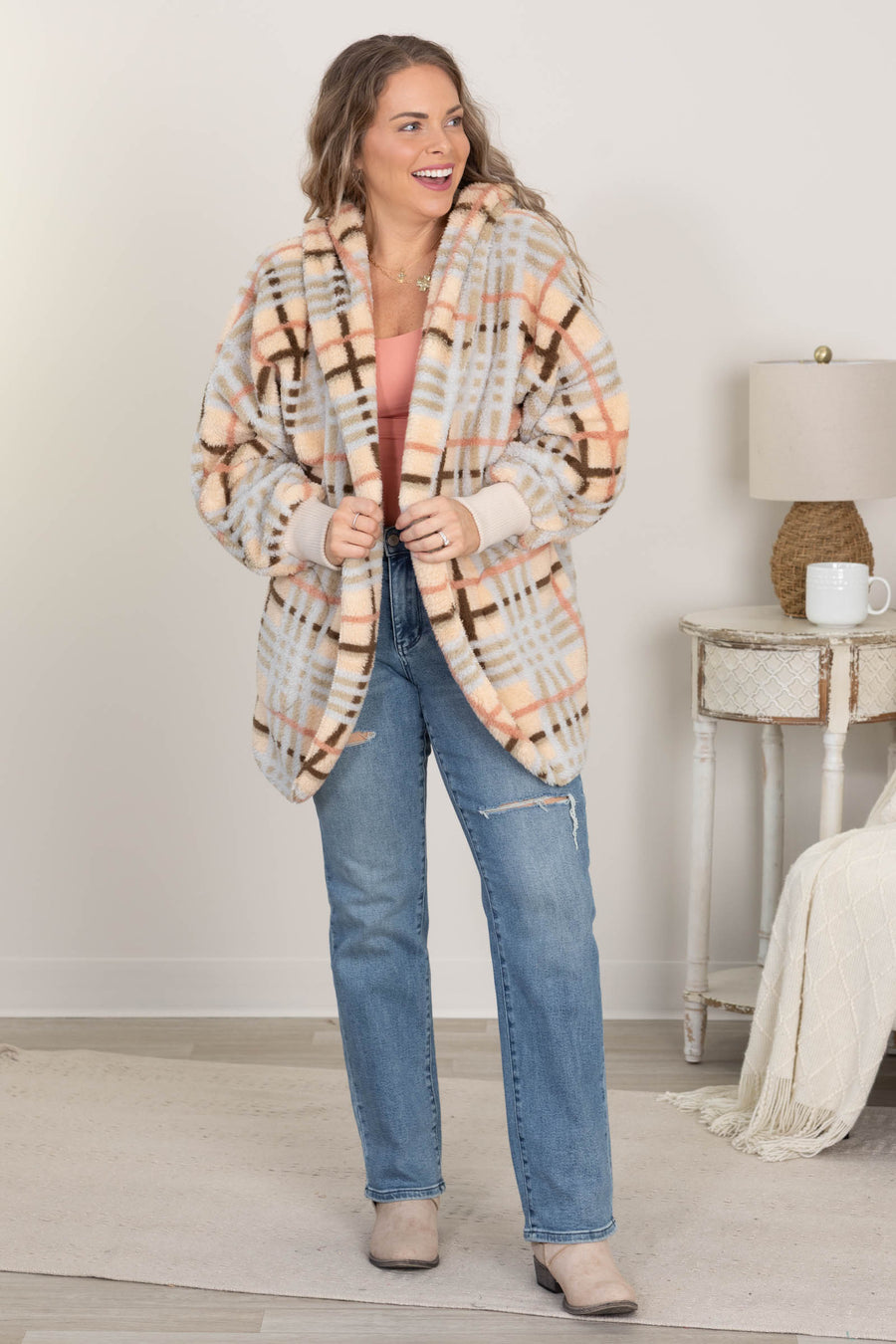 Beige Mix Checked Fur Hoodie Jacket