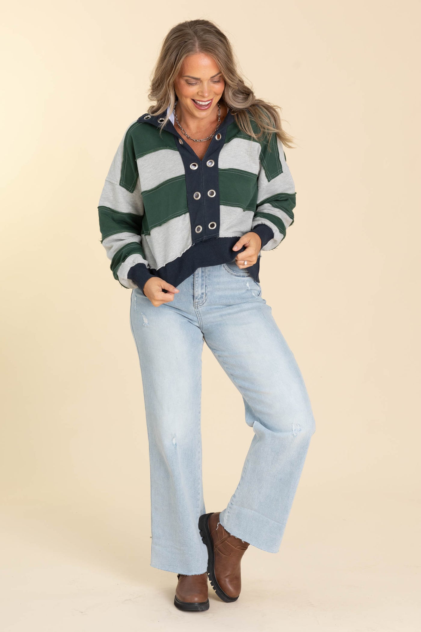Green And Navy French Terry Grommet Knit Top