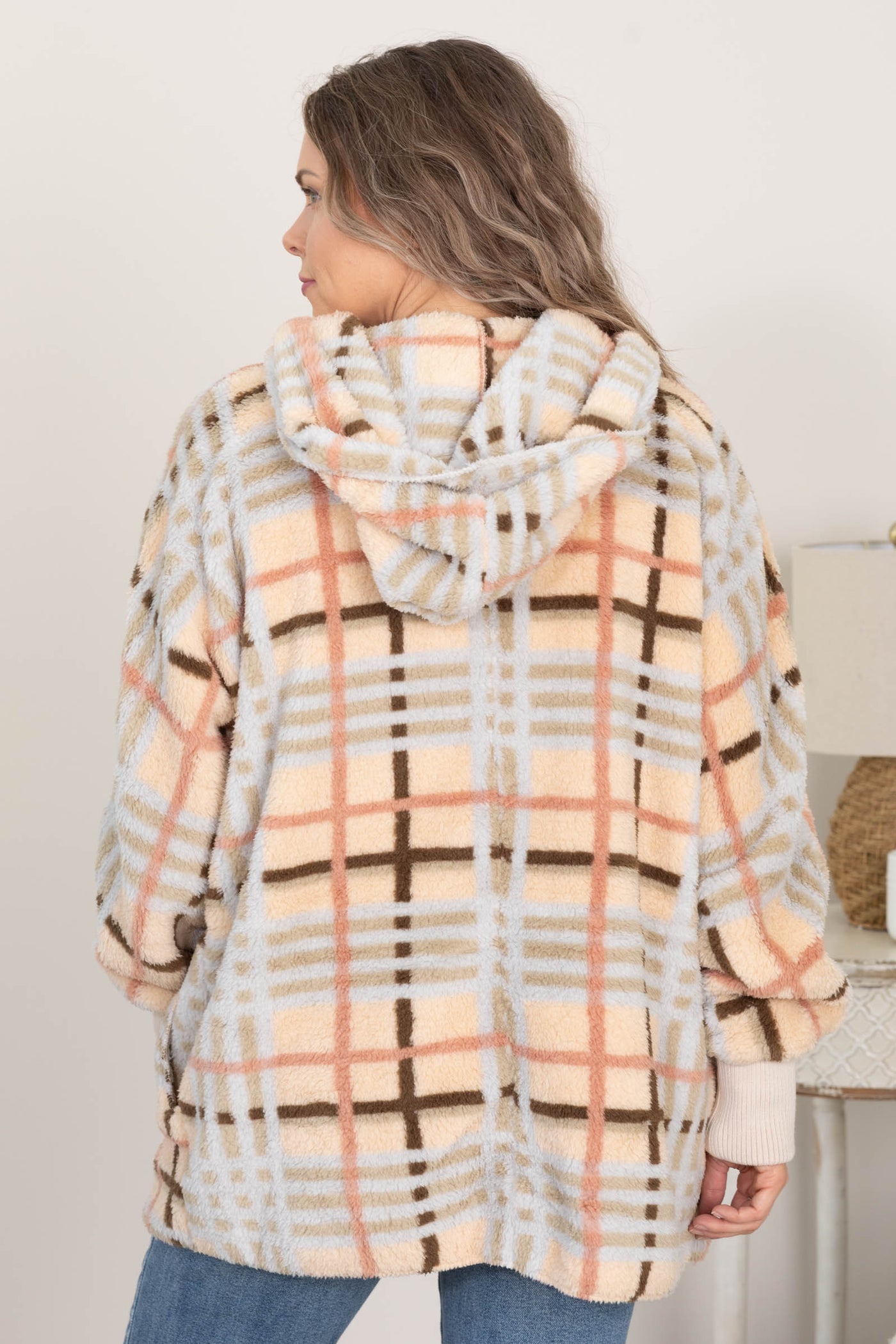 Beige Mix Checked Fur Hoodie Jacket