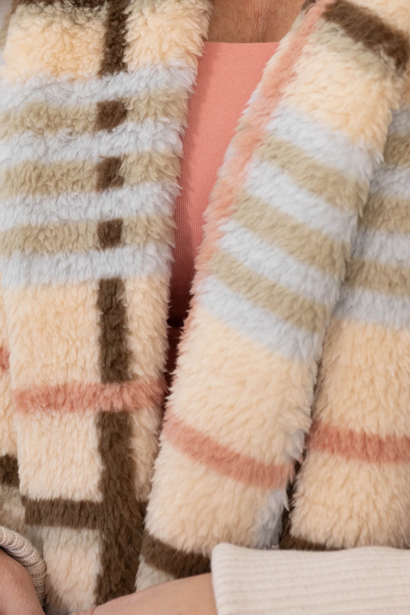 Beige Mix Checked Fur Hoodie Jacket