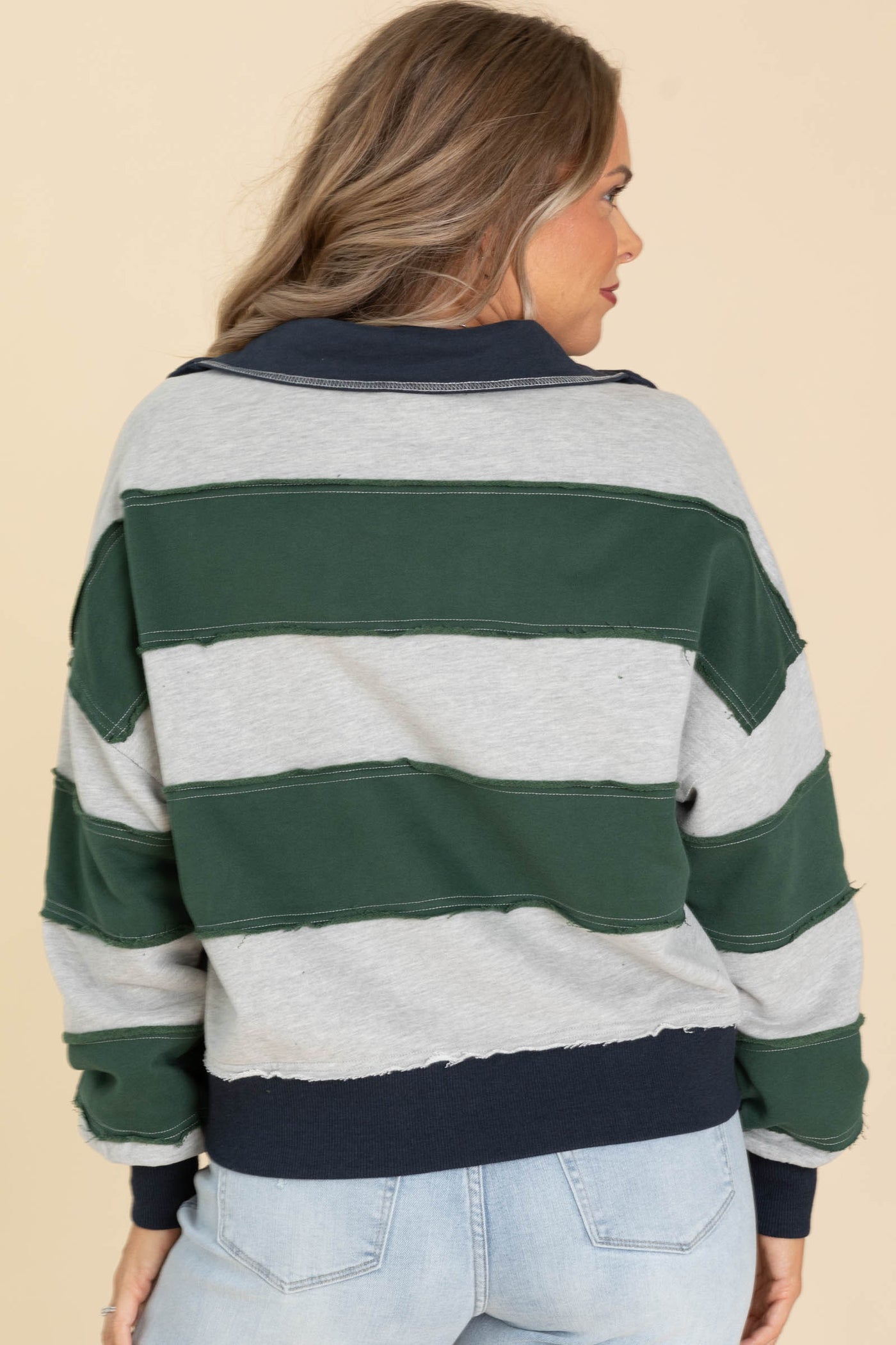 Green And Navy French Terry Grommet Knit Top