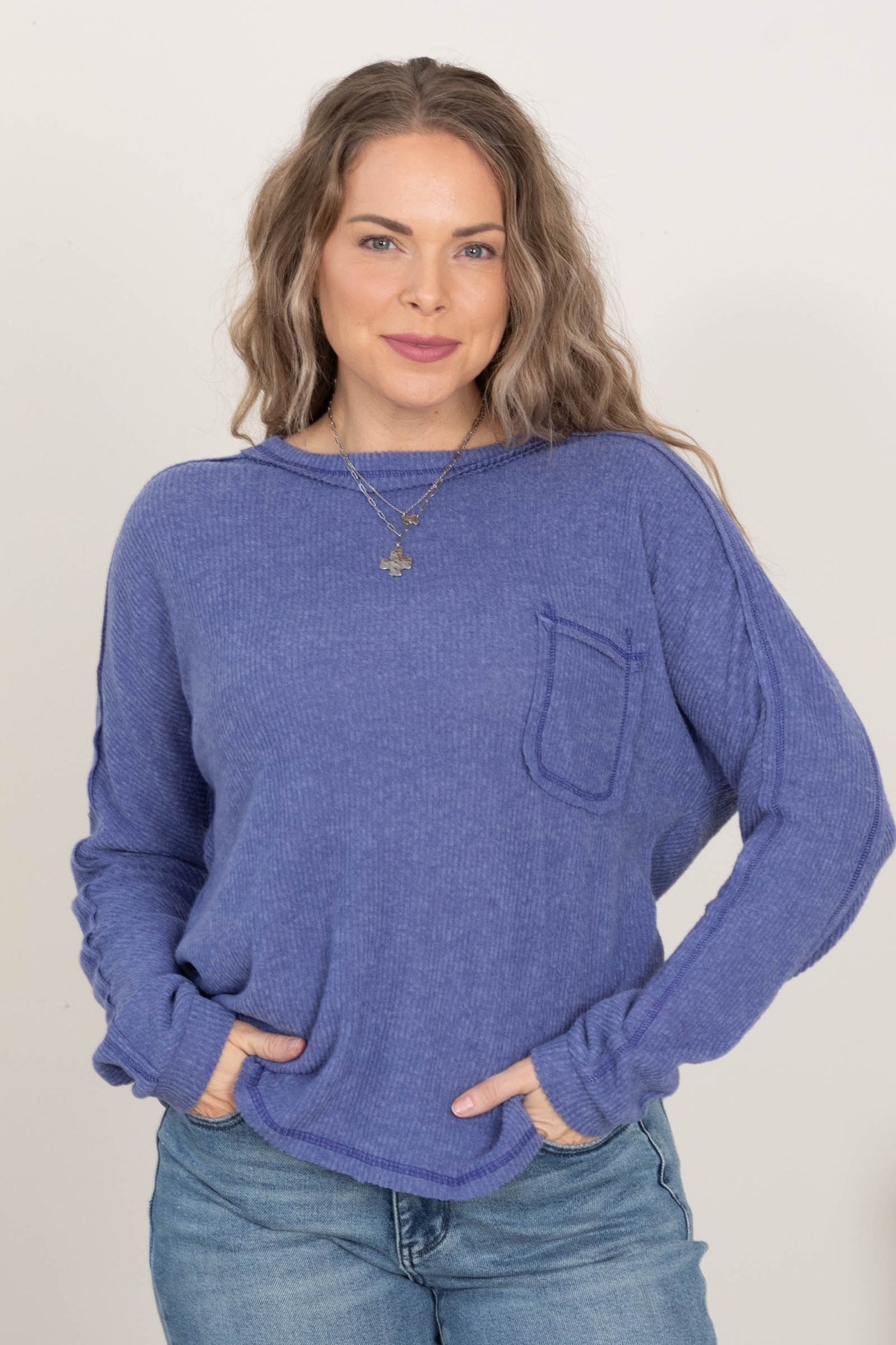 Brushed Ribbed Hacci Round Neck Knit Tops