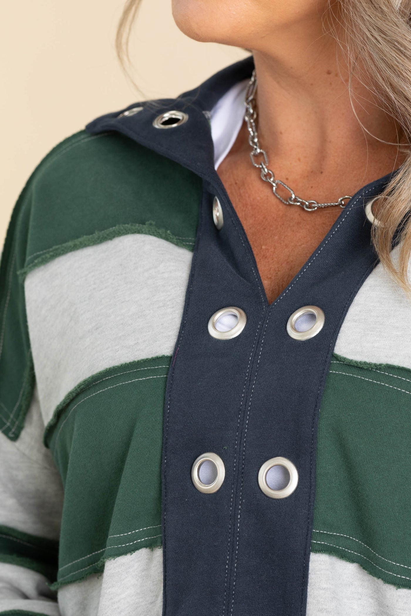 Green And Navy French Terry Grommet Knit Top