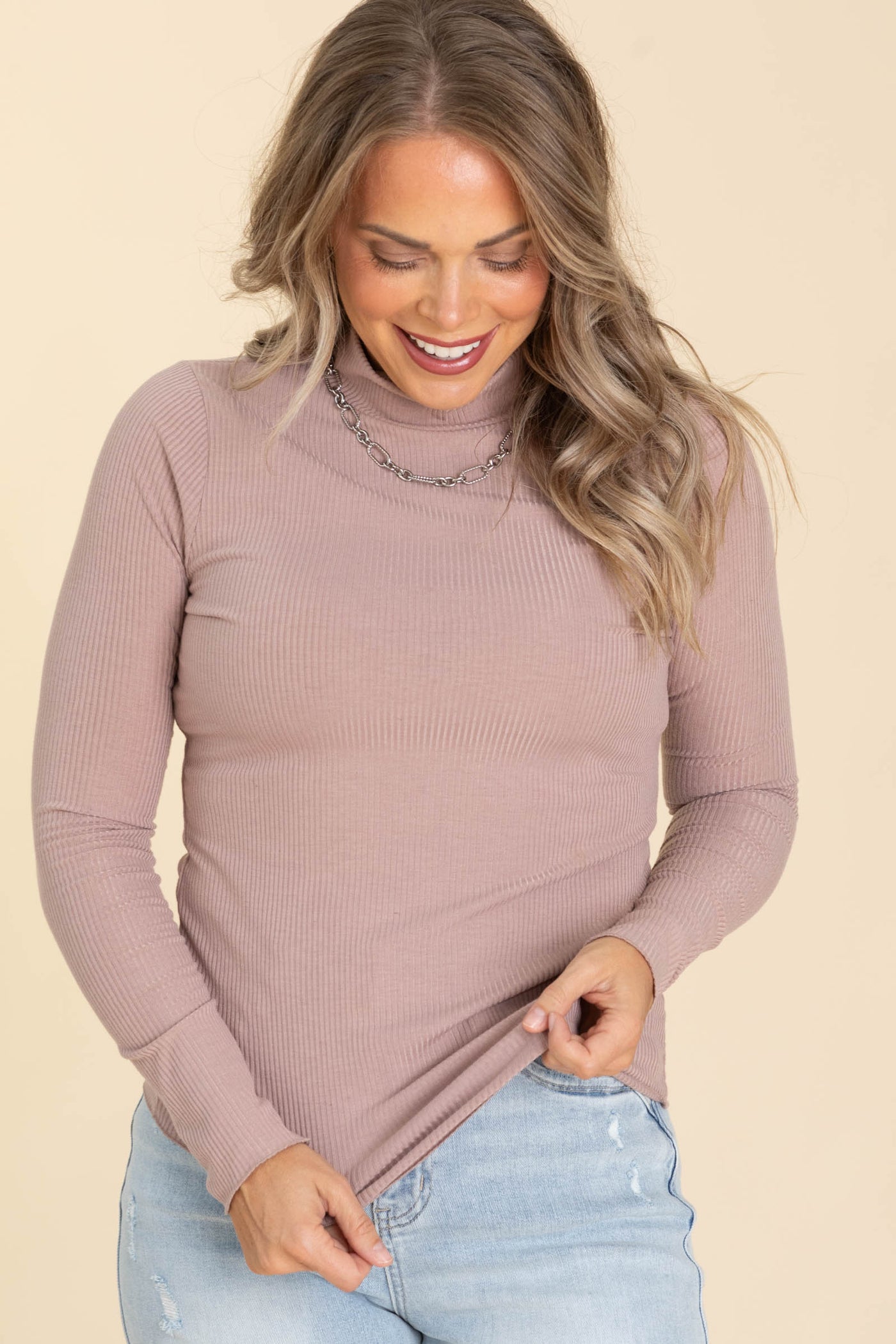 Dusty Mauve Baby Rib Knit Mock Neck Top