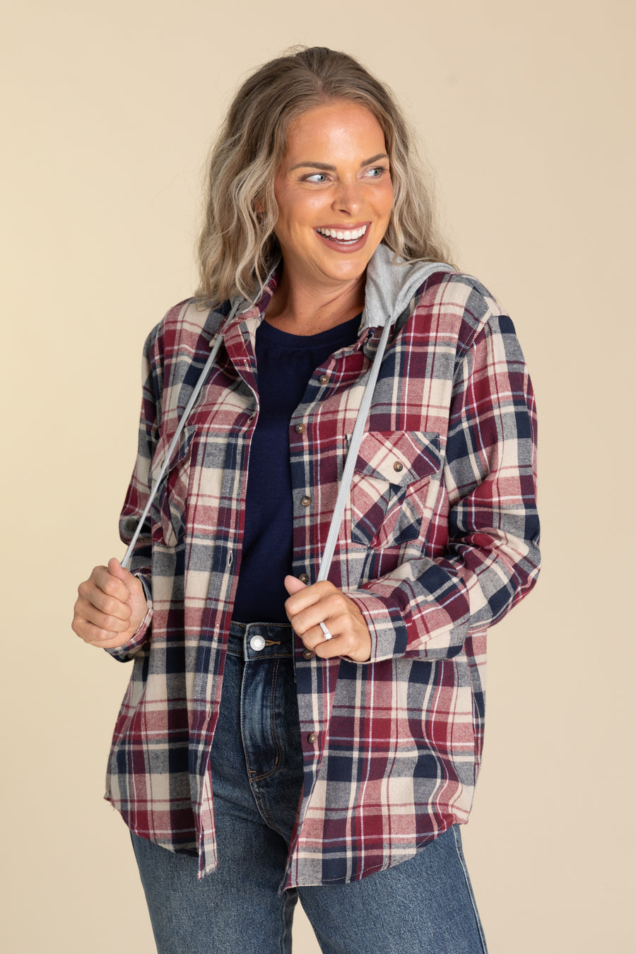 Berry And Navy Plaid Hoodie Button Up Top