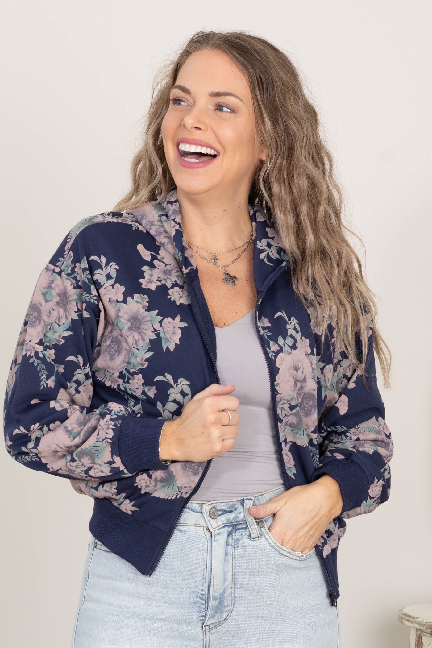 Navy Flower Printed Zip Up Hoodie