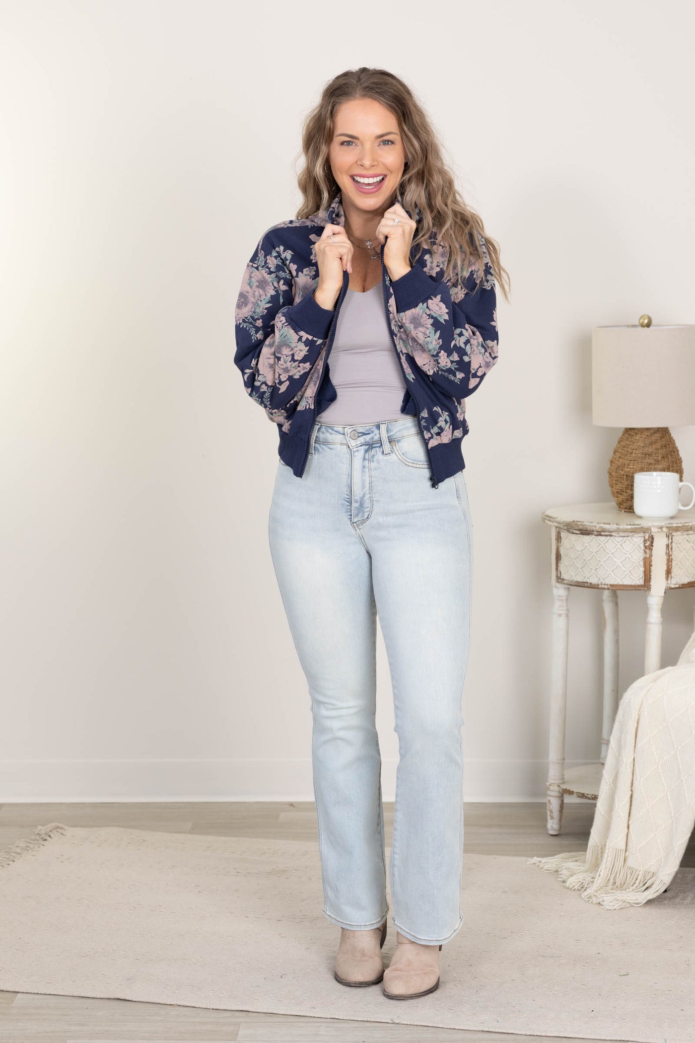 Navy Flower Printed Zip Up Hoodie