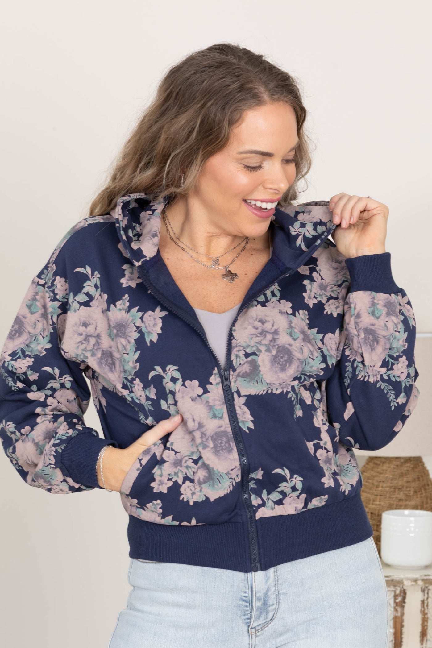 Navy Flower Printed Zip Up Hoodie