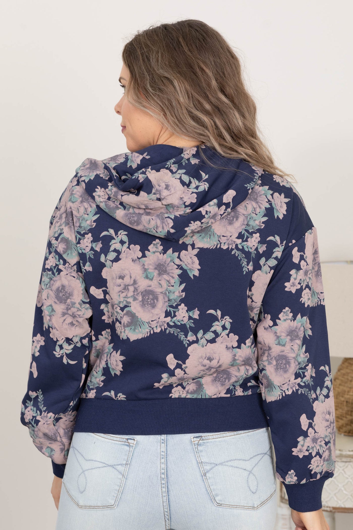 Navy Flower Printed Zip Up Hoodie