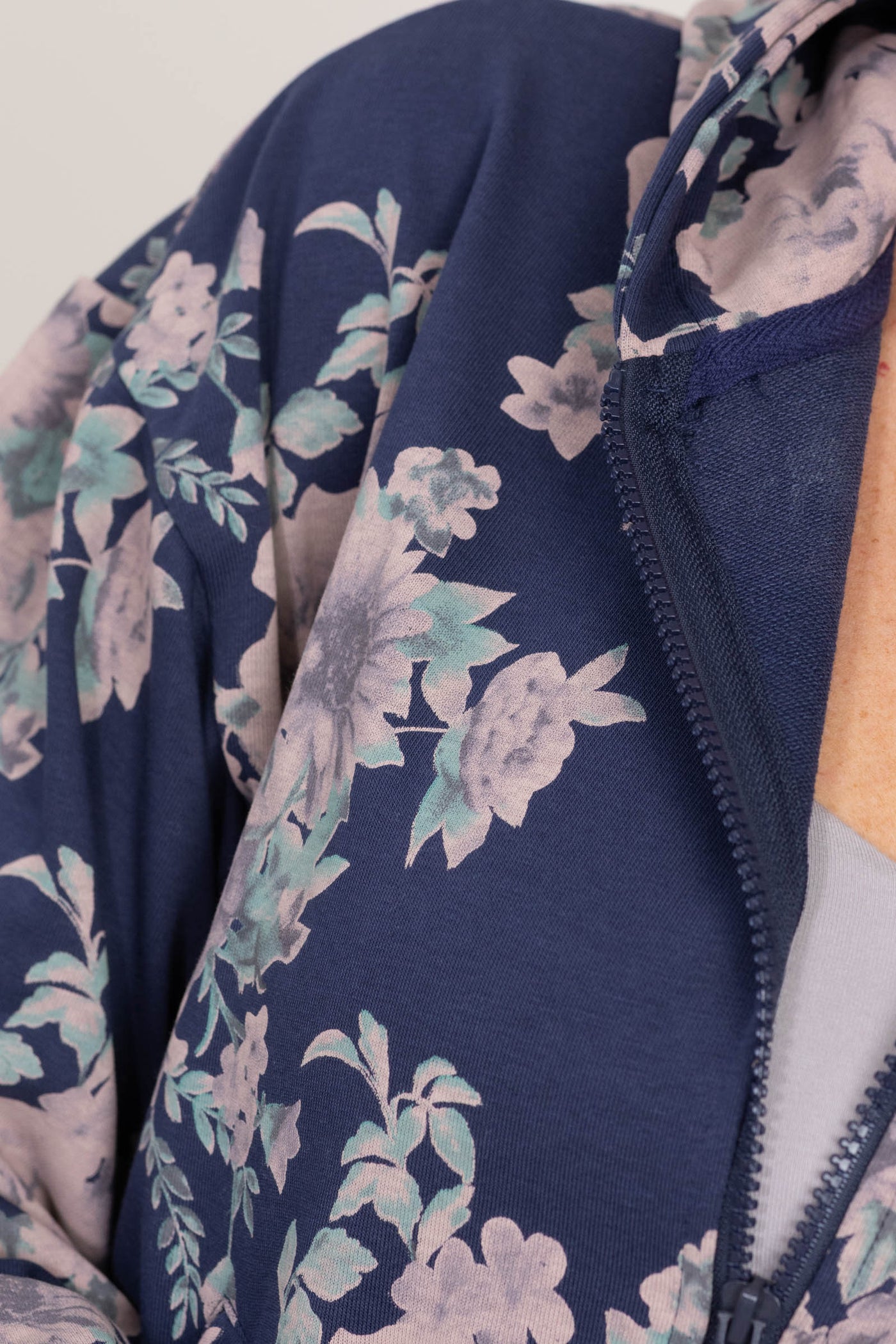 Navy Flower Printed Zip Up Hoodie