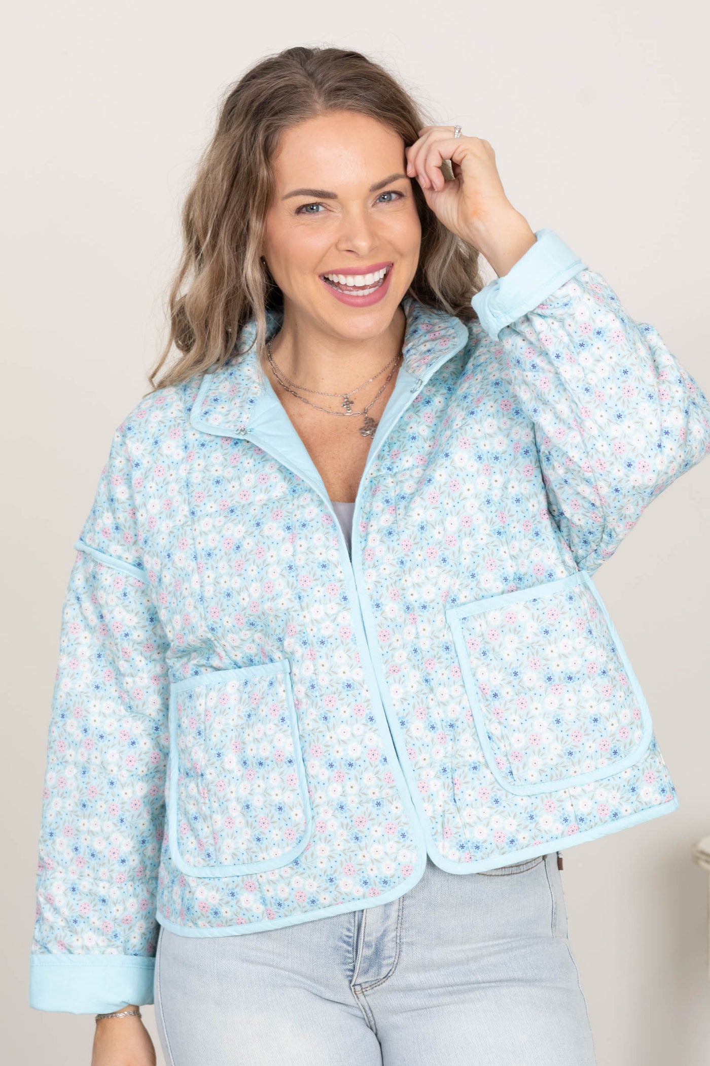 Light Blue Dainty Floral Lightweight Quilt Jacket