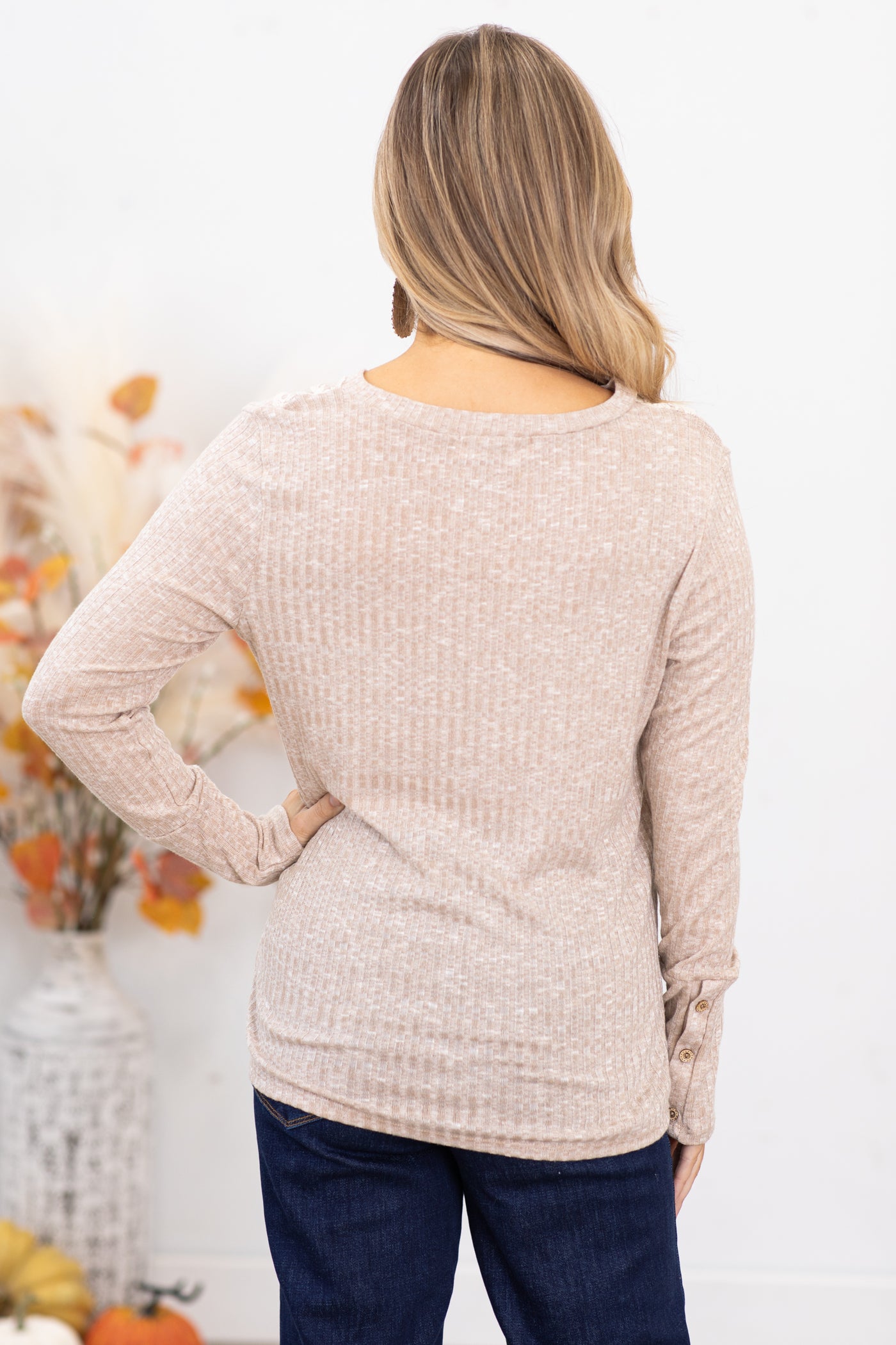 Oatmeal Ribbed Top With Crochet Trim