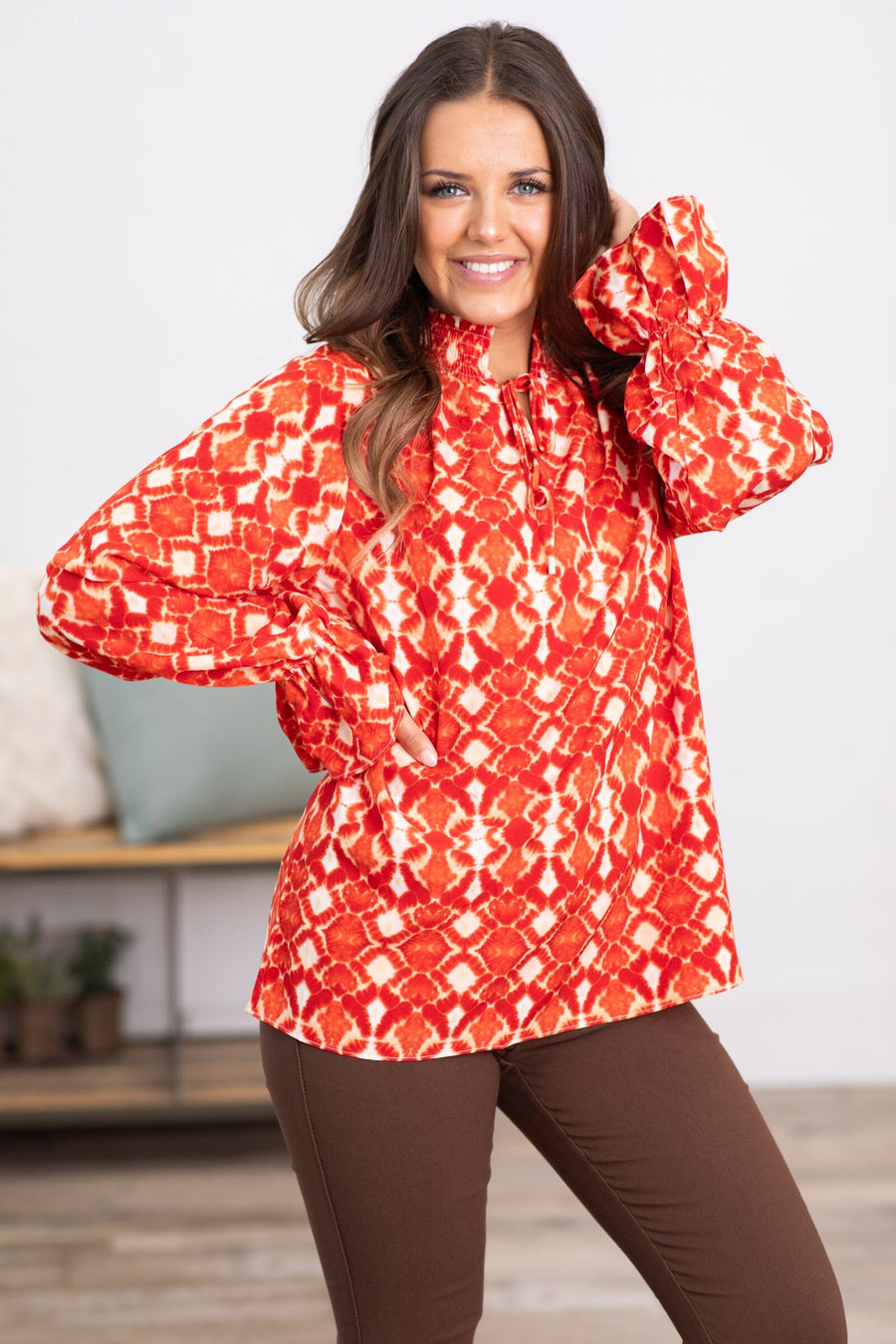 Red and Peach Boho Print Notch Neck Top - Filly Flair