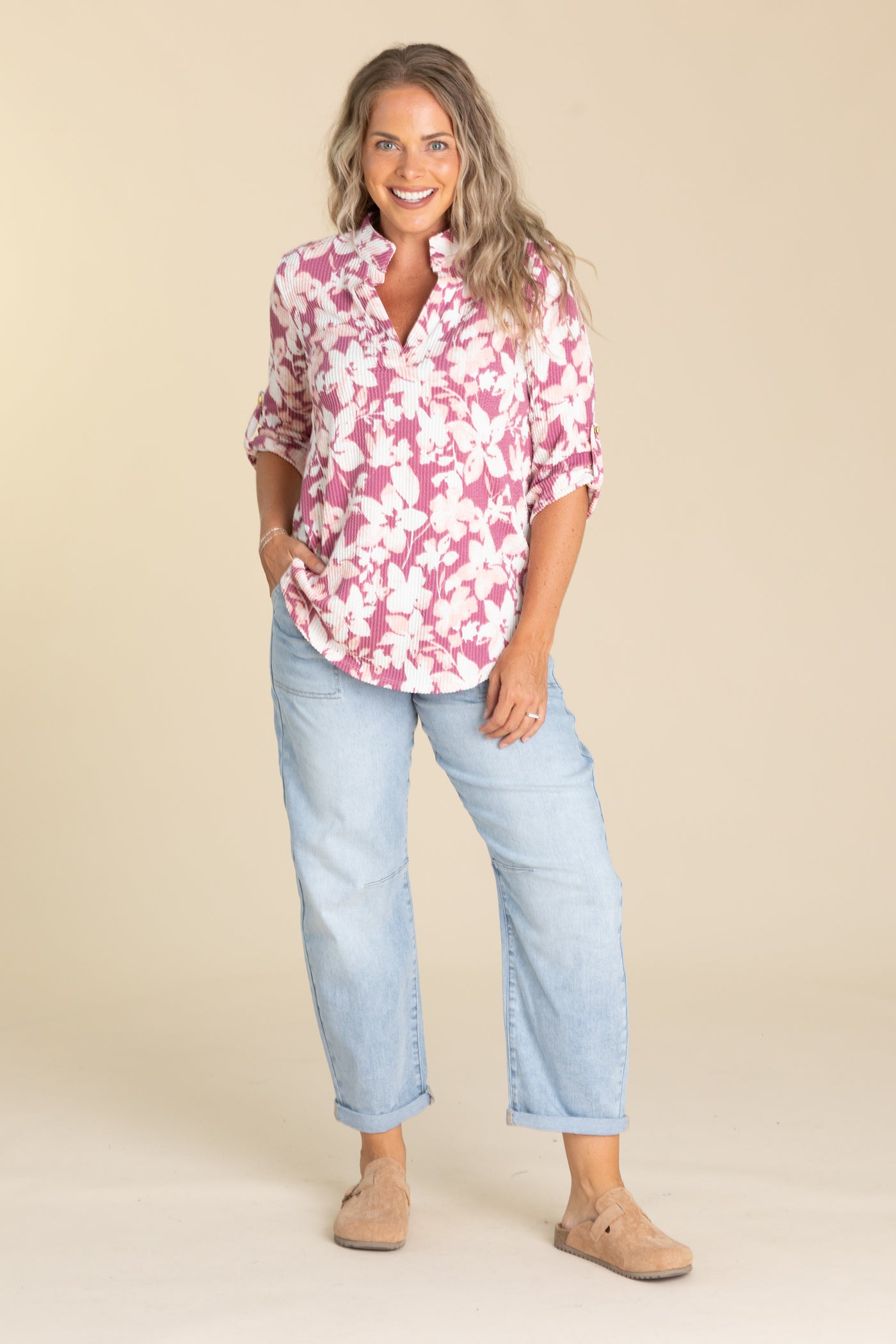 Rose Ribbed Floral Button Sleeve Knit Top