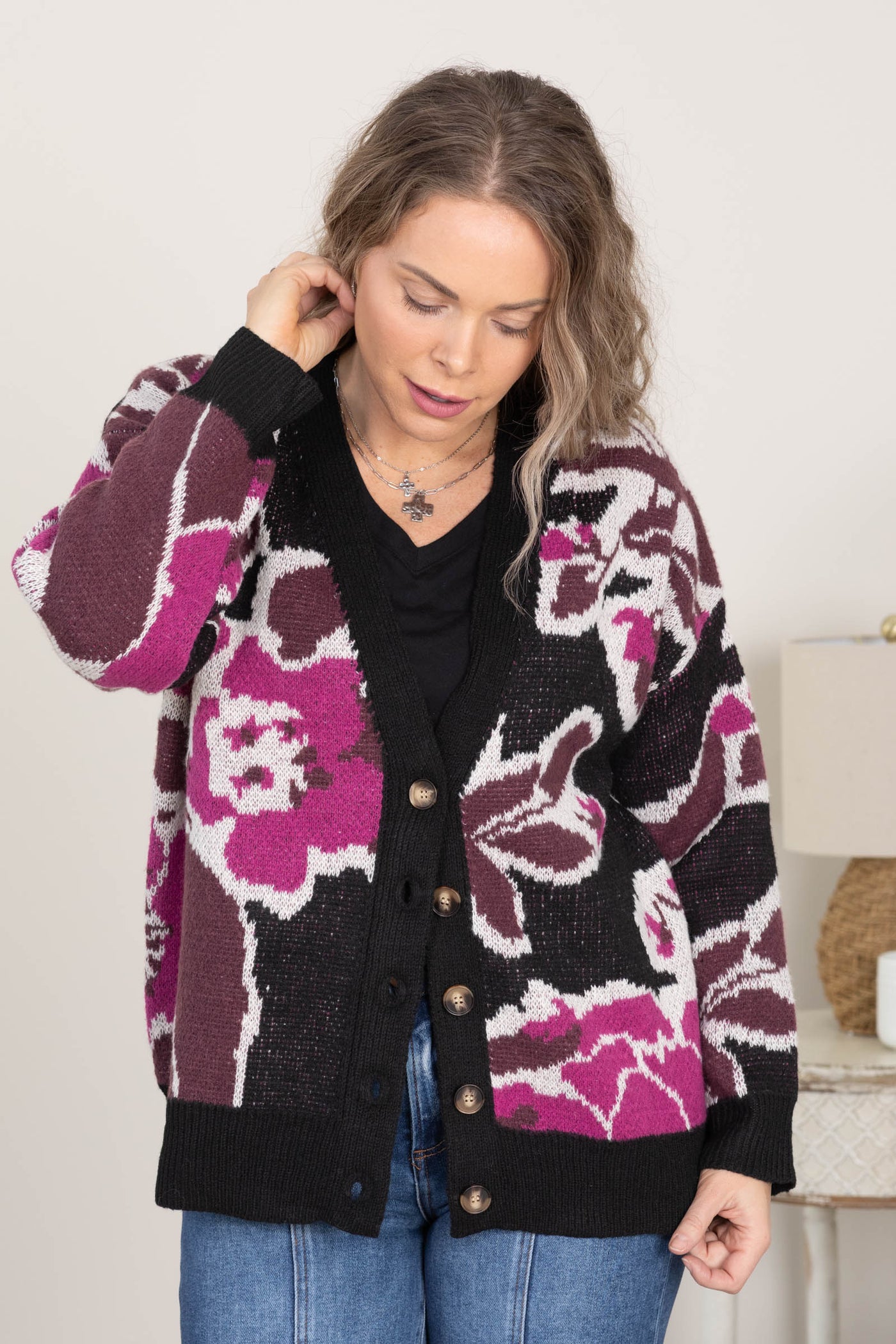 Black And Berry Floral Knit Sweater Cardigan