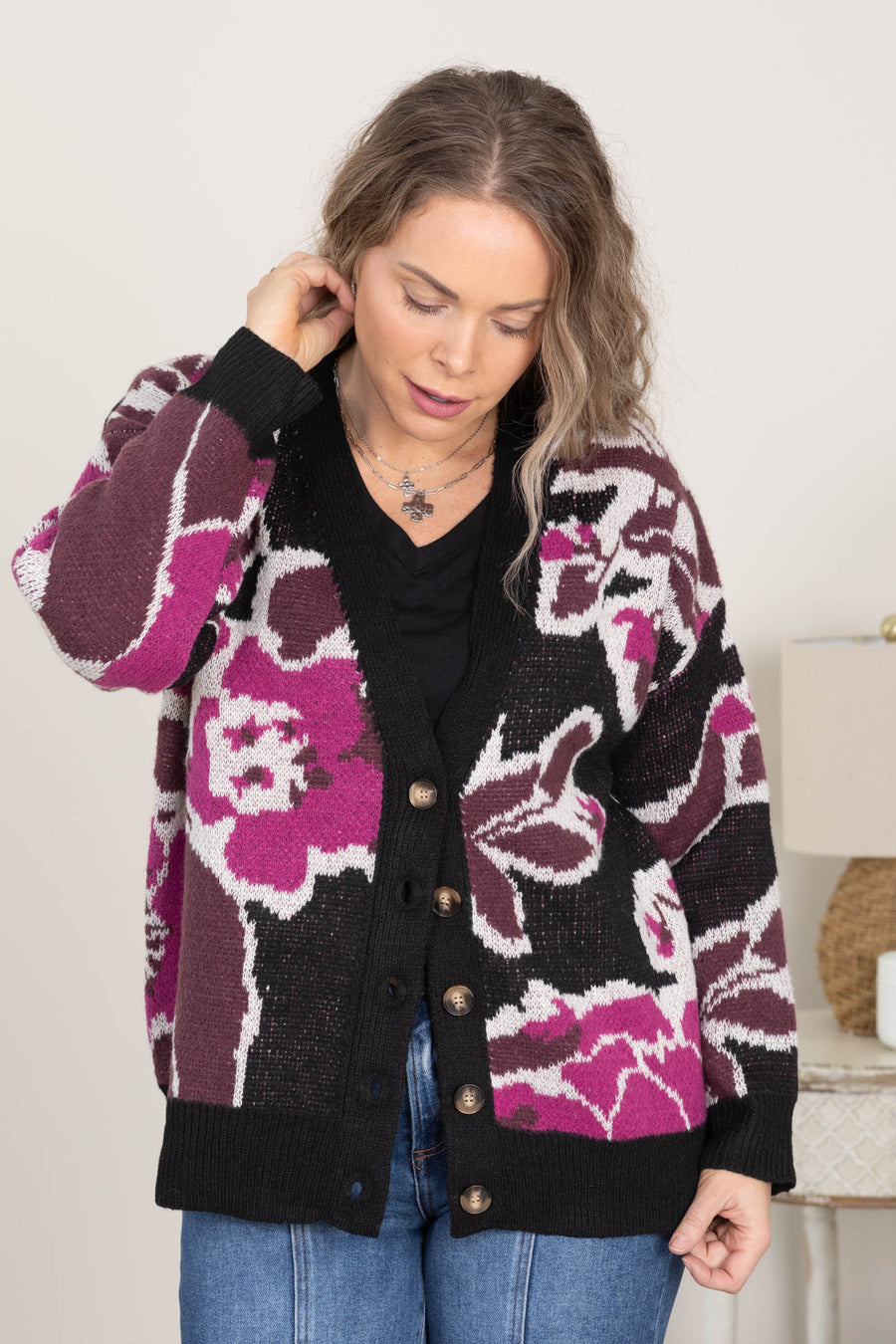 Black And Berry Floral Knit Sweater Cardigan