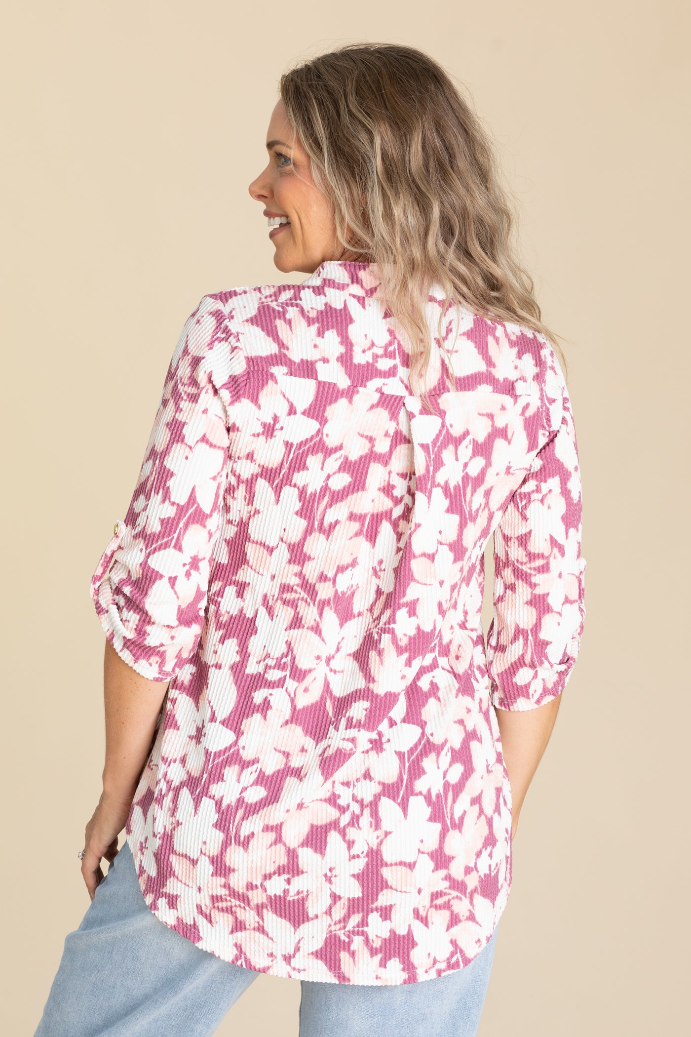 Rose Ribbed Floral Button Sleeve Knit Top