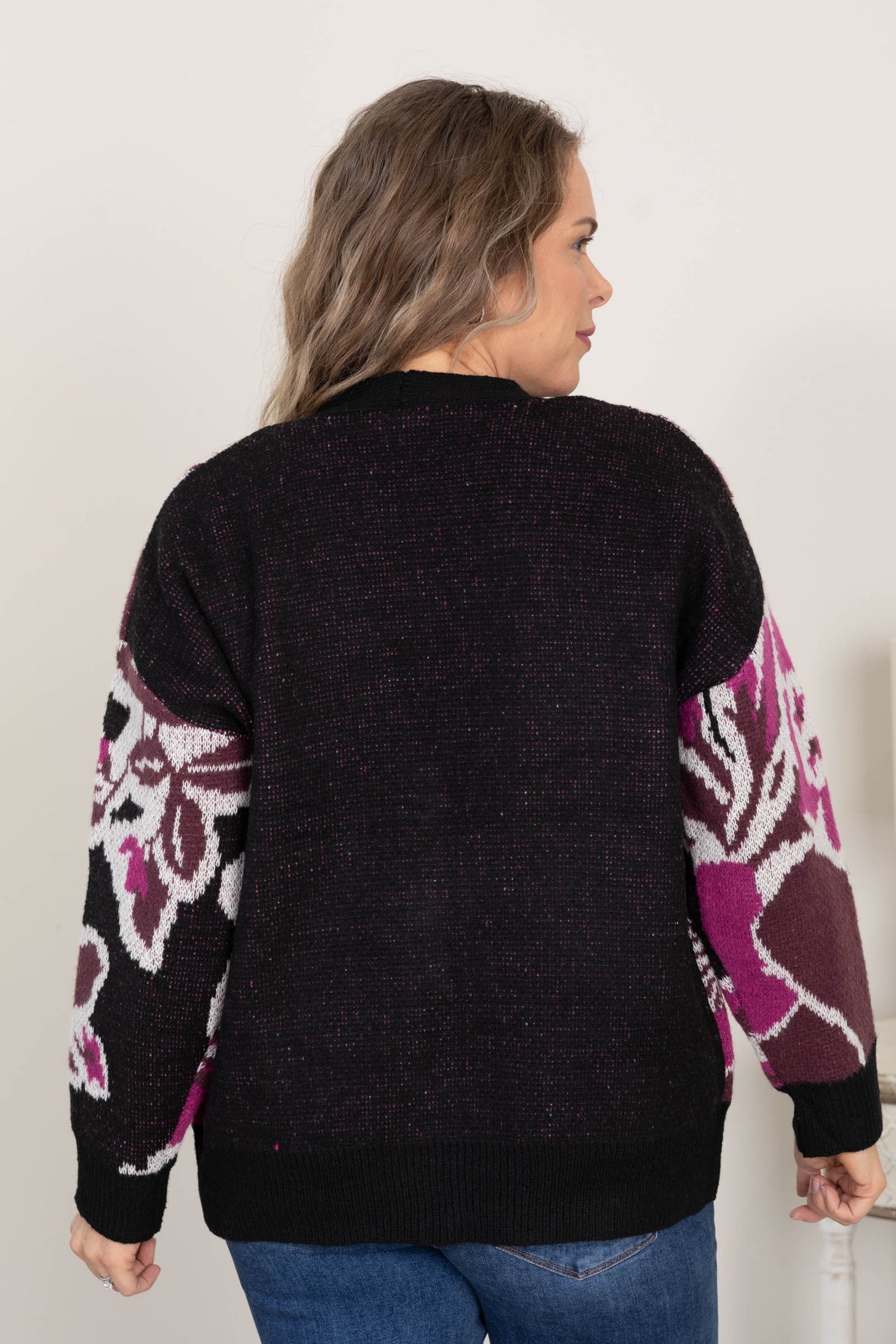 Black And Berry Floral Knit Sweater Cardigan