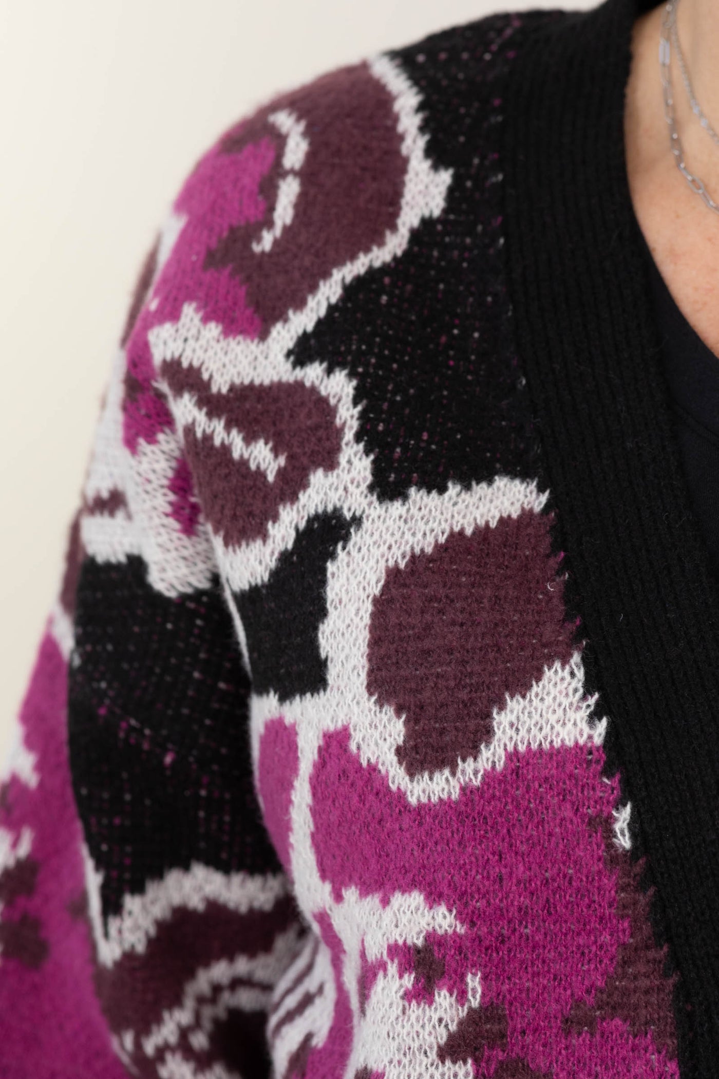 Black And Berry Floral Knit Sweater Cardigan