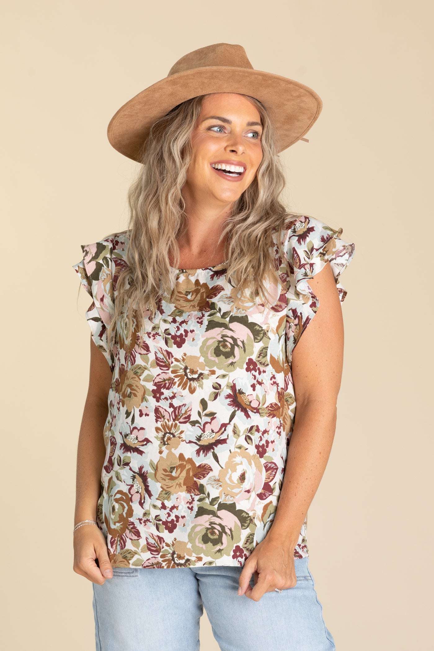 Ivory Double Ruffle Sleeve Floral Woven Top