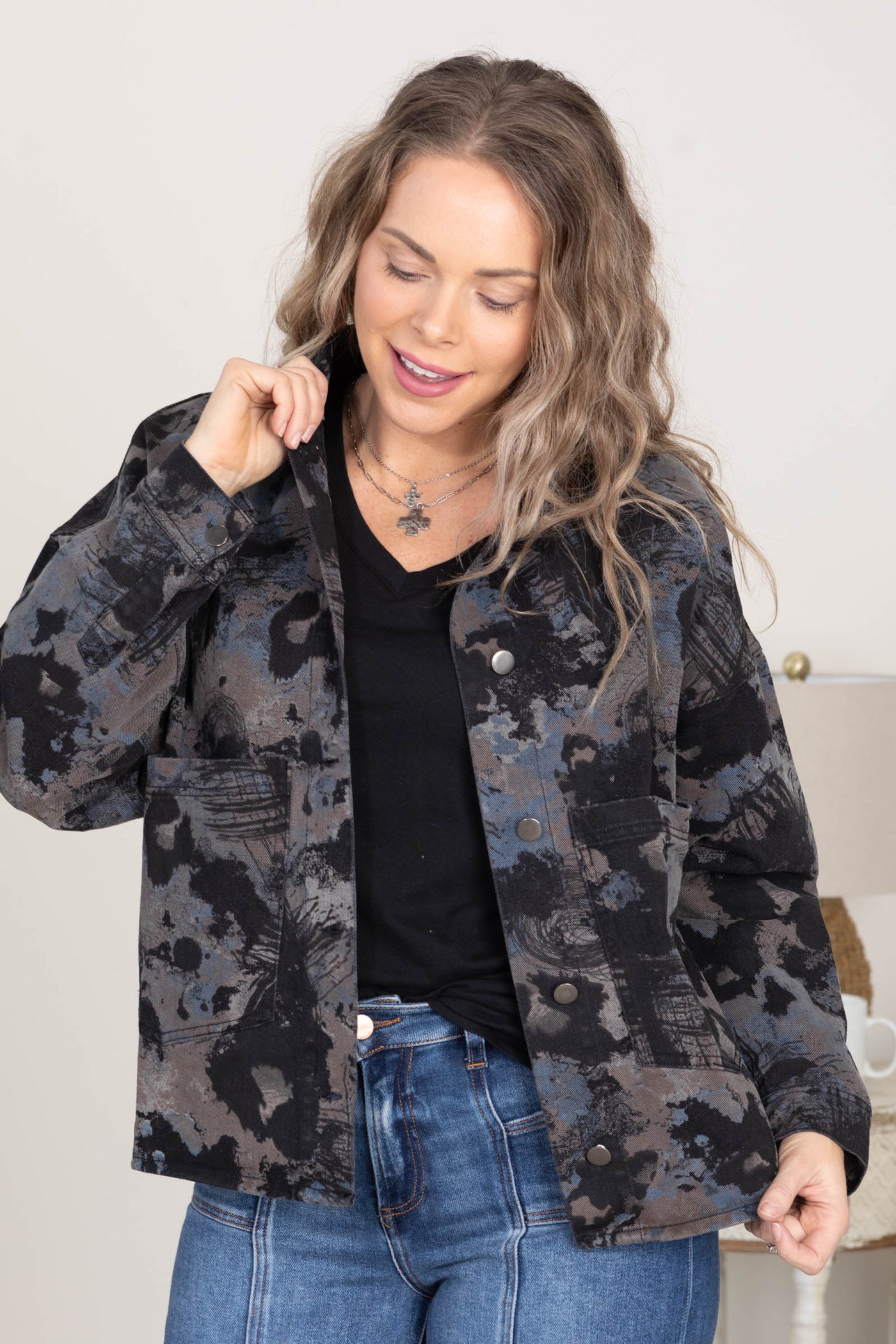 Black Multicolor Print Denim Jacket