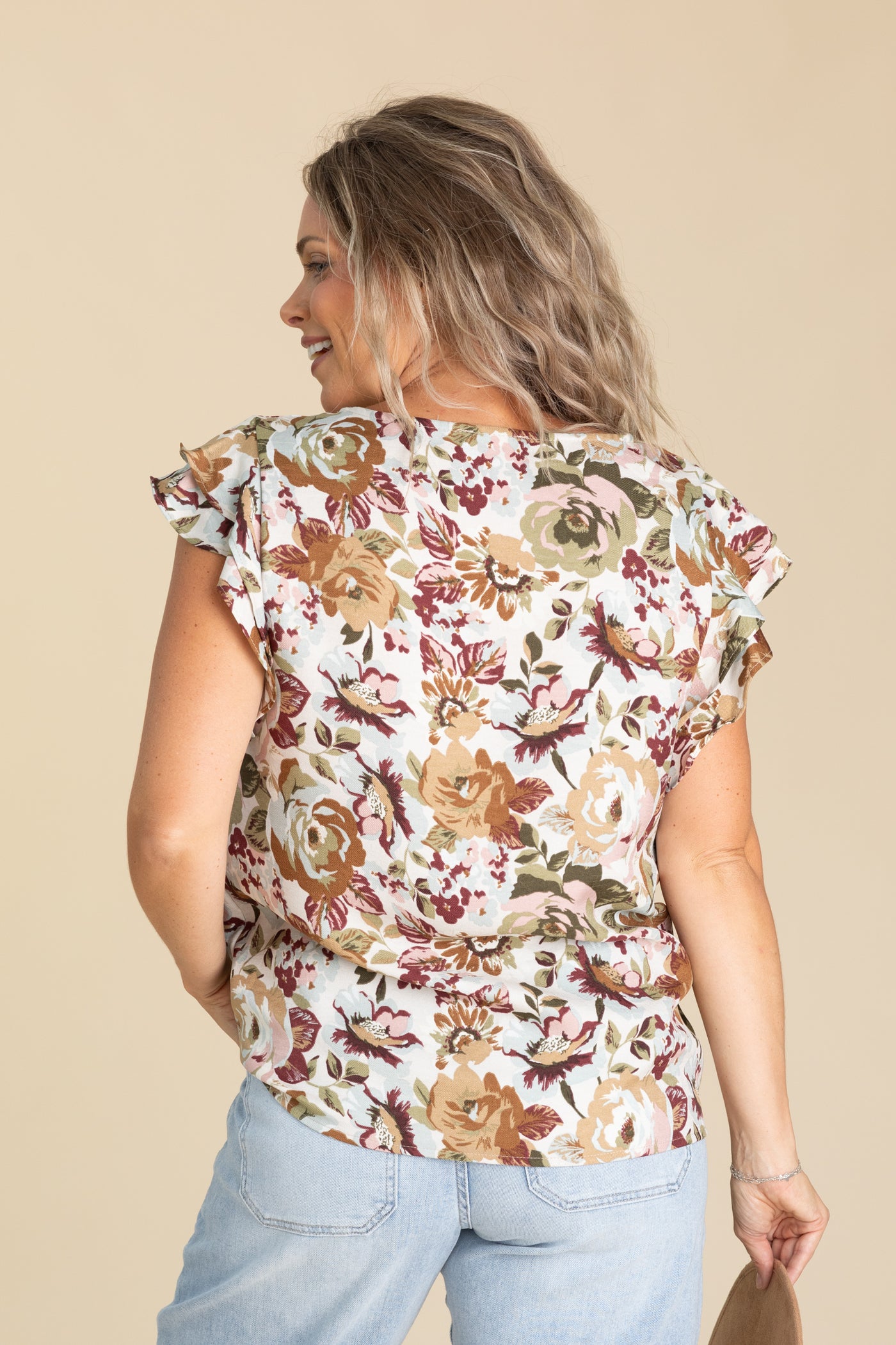 Ivory Double Ruffle Sleeve Floral Woven Top