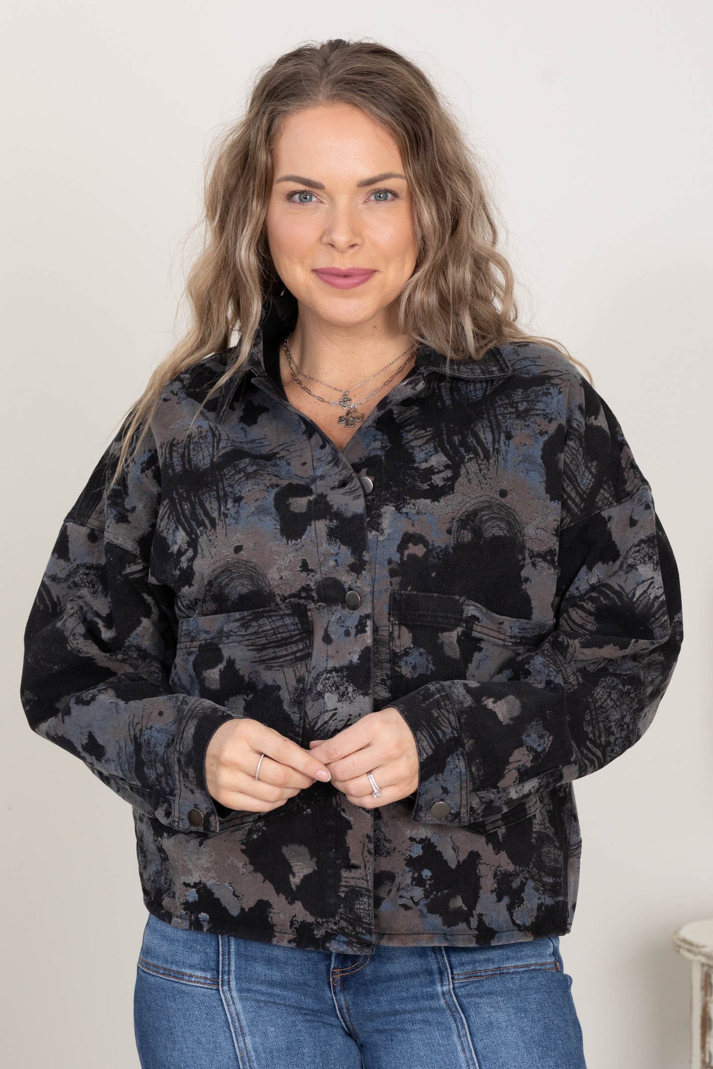 Black Multicolor Print Denim Jacket