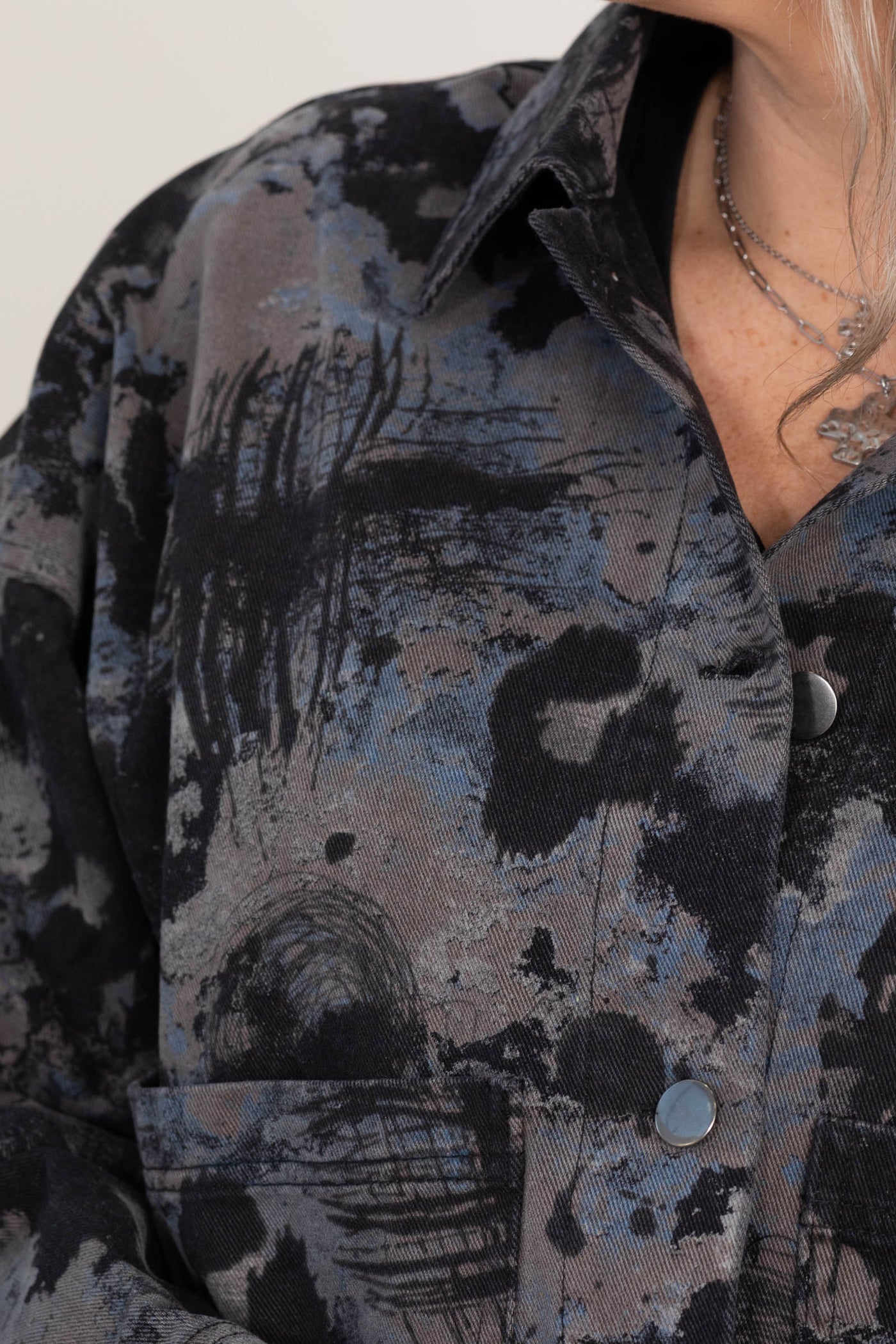 Black Multicolor Print Denim Jacket