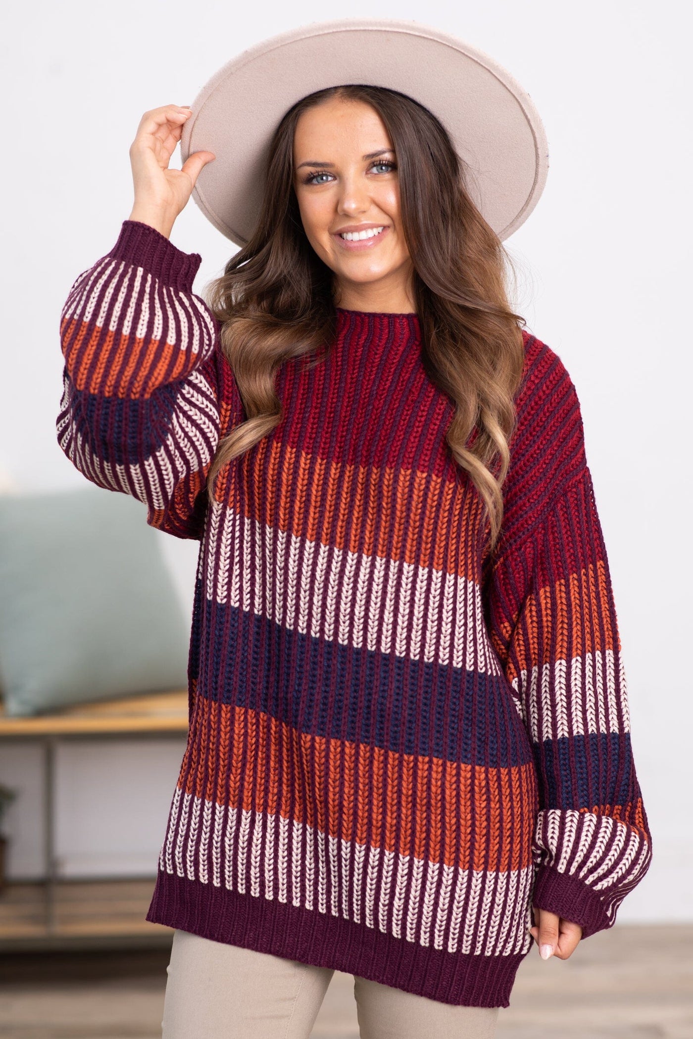 Eggplant Multicolor Ribbed Stripe Sweater - Filly Flair