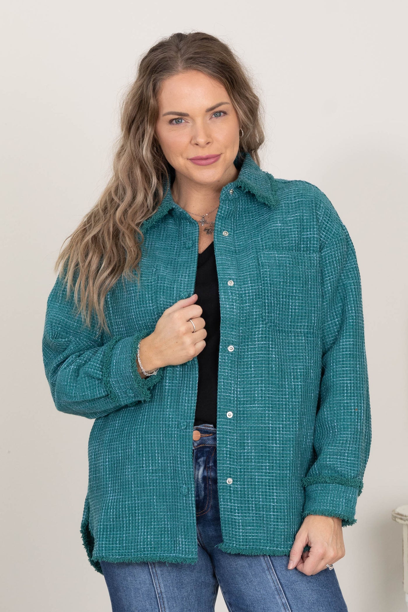 Teal Textured Button Down Shacket