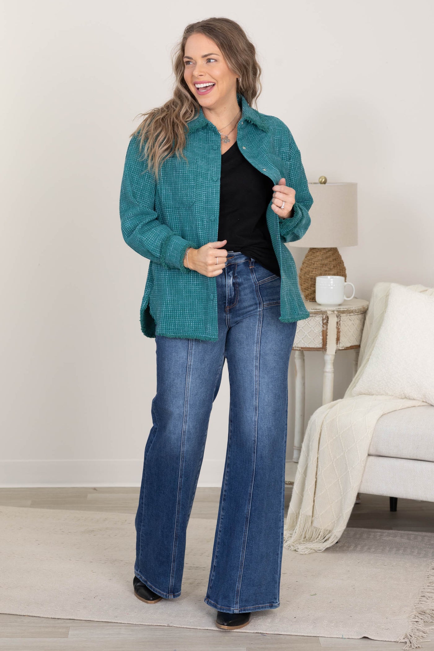 Teal Textured Button Down Shacket