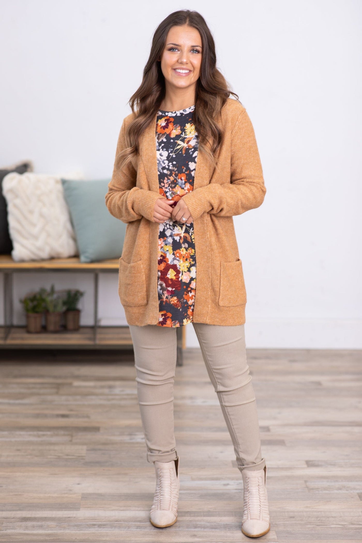 Cinnamon Melange Cardigan With Pockets - Filly Flair