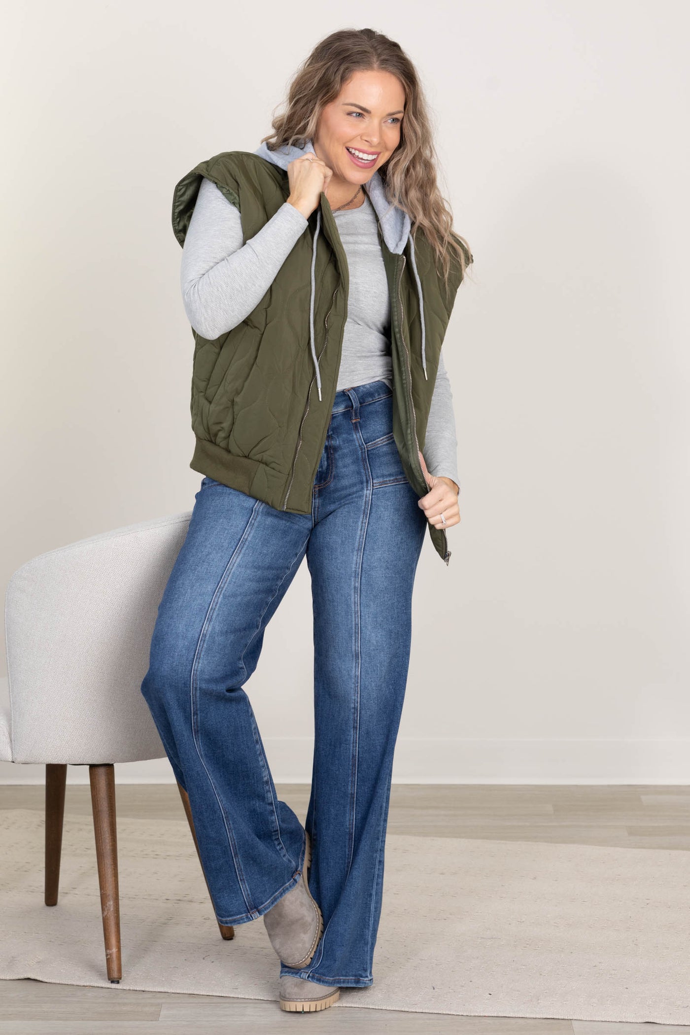 Olive Quilted Bomber French Terry Hoodie Vest