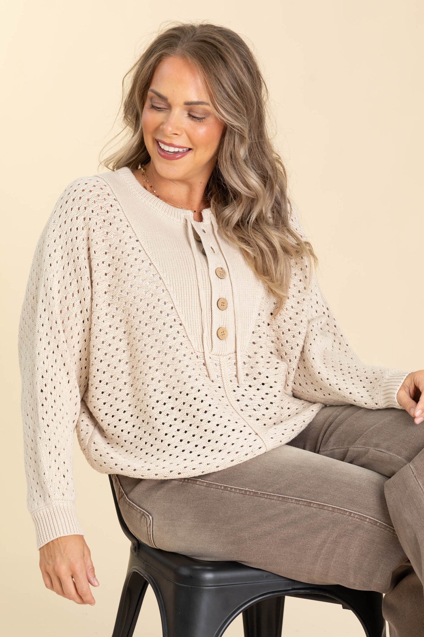 Oatmeal Textured Cotton Pullover Sweater