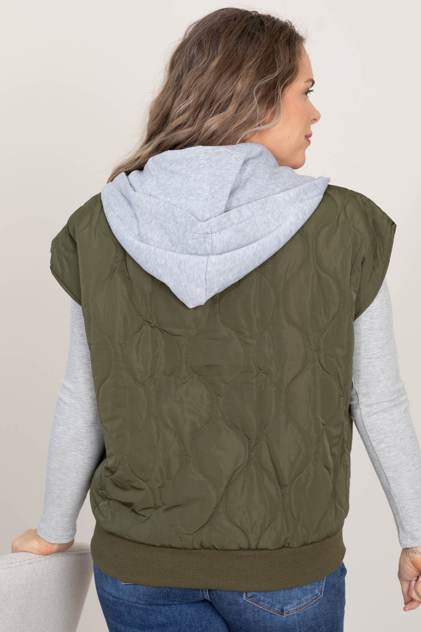 Olive Quilted Bomber French Terry Hoodie Vest