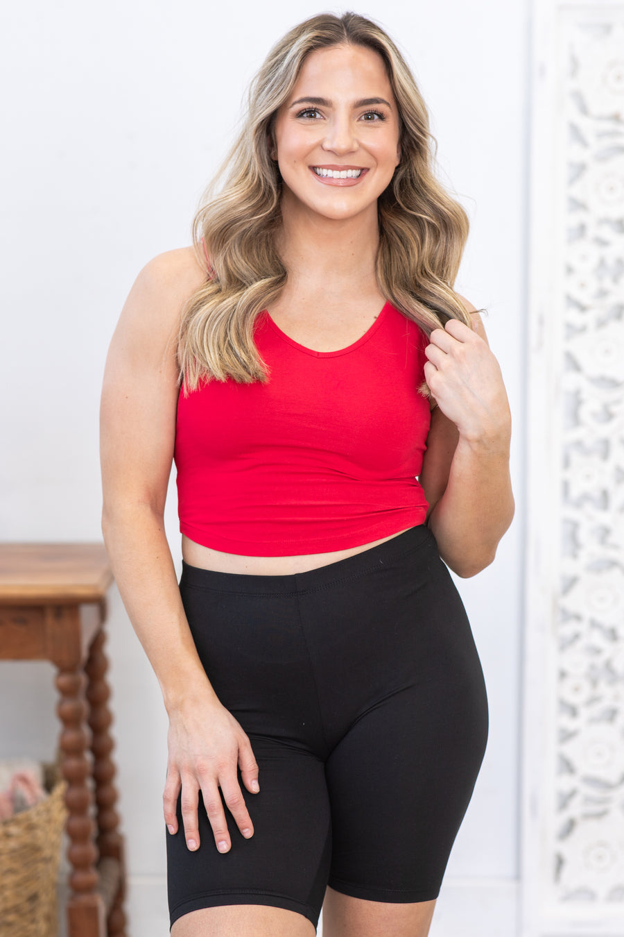 Red Cotton V-Neck Cropped Cami Top