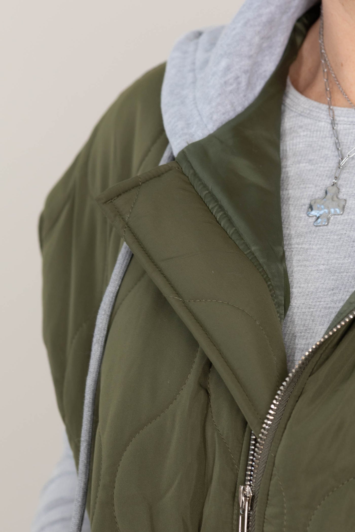 Olive Quilted Bomber French Terry Hoodie Vest